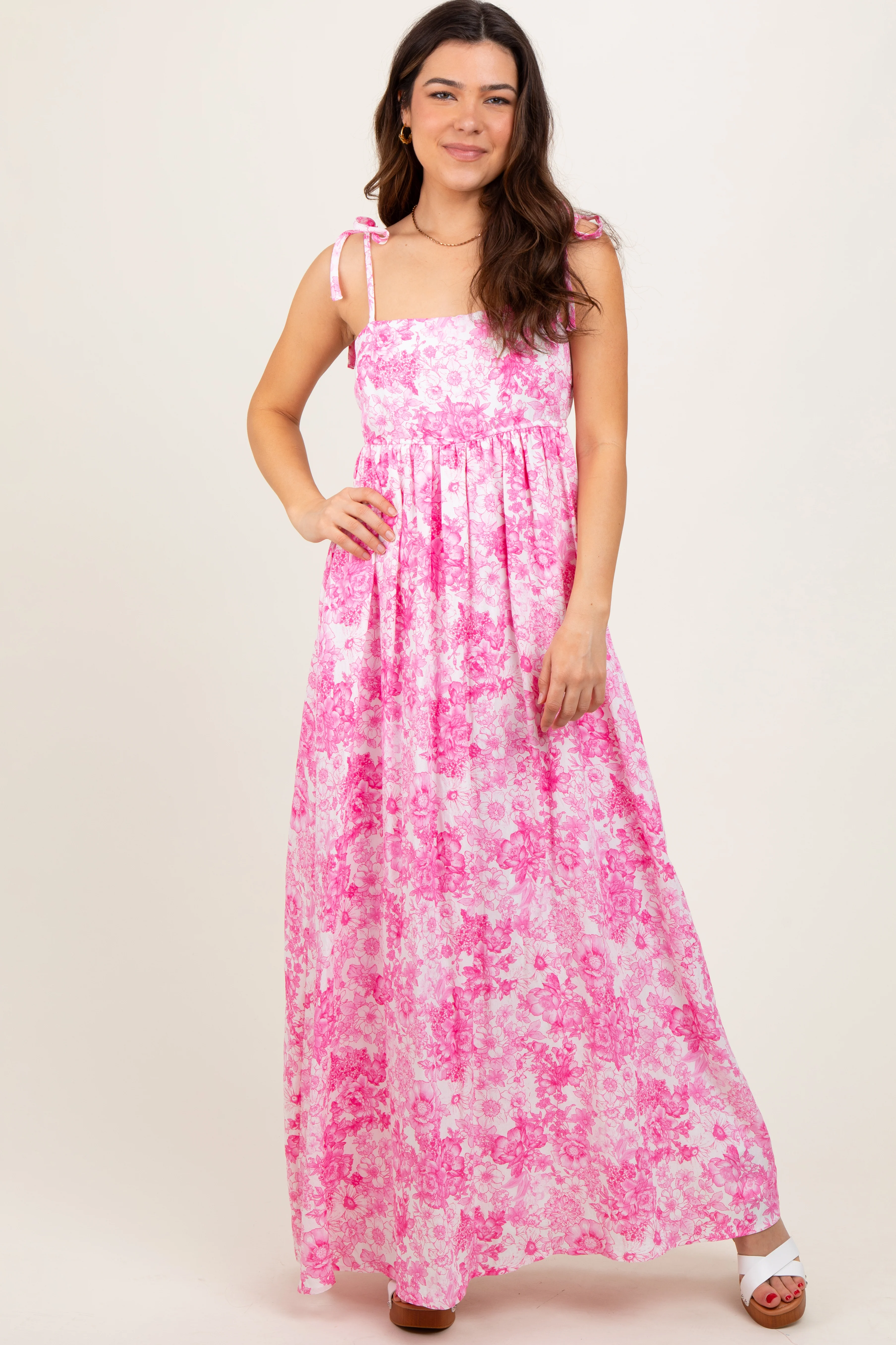 Pink Leaf Print Sleeveless Open Back Smocked Maternity Maxi Dress - Image 6