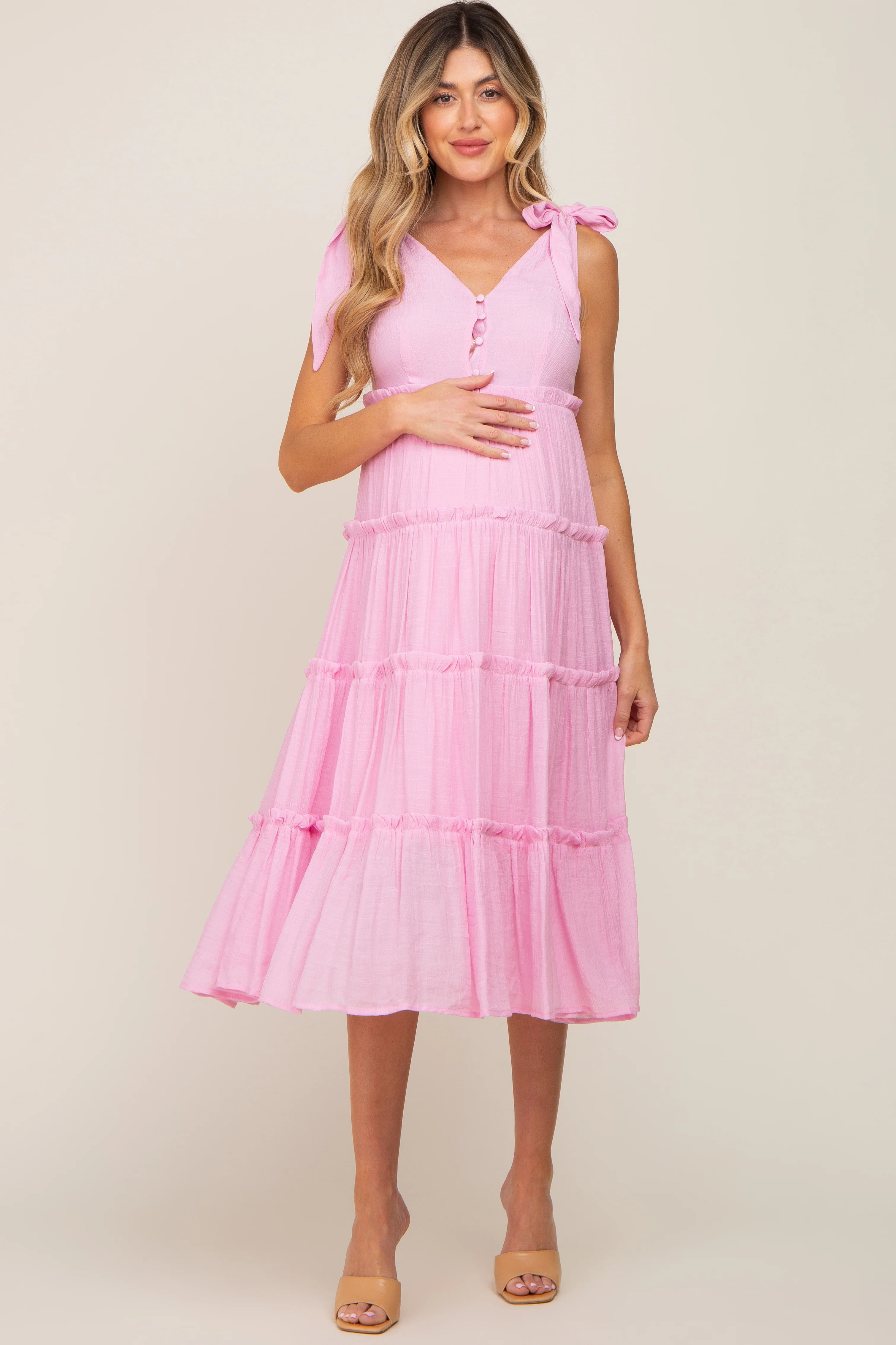 Pink Linen Button Front Shoulder Tie Tiered Maternity Midi Dress - Image 3