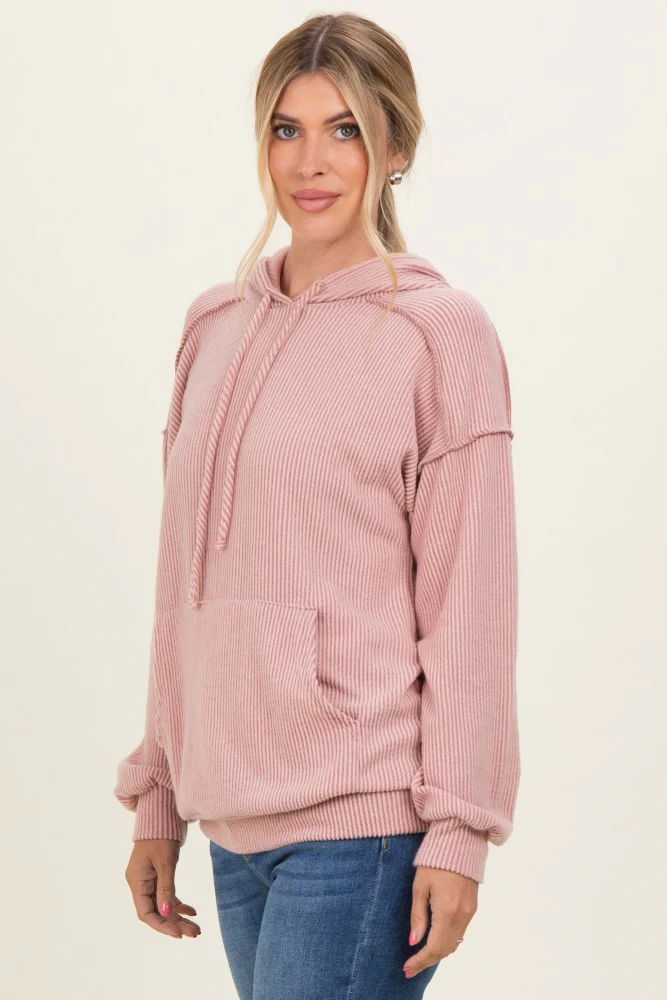 Pink Long Sleeve Brushed Urban Rib Hoodie Top - Image 3