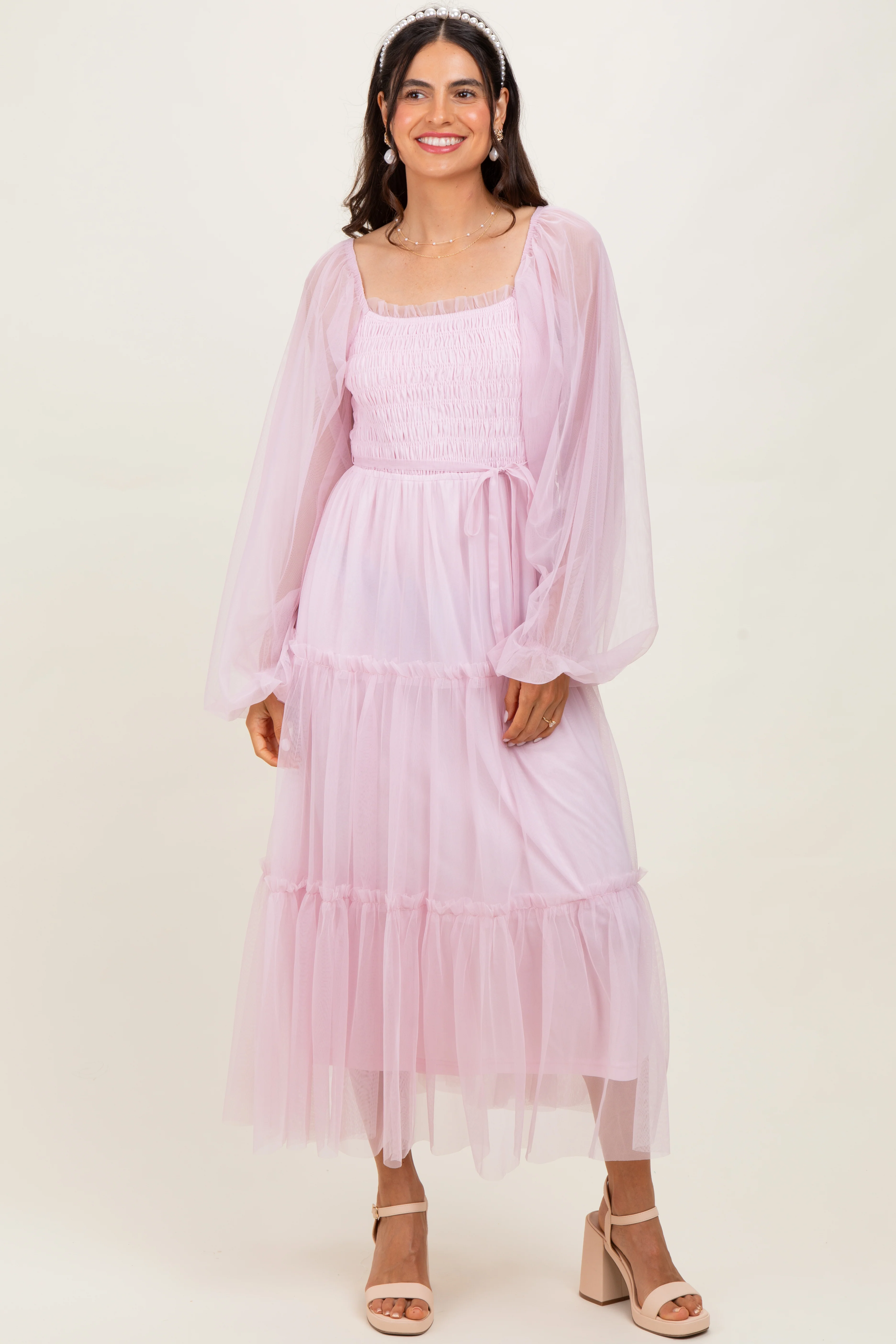 Pink Mesh Tiered Long Sleeve Maternity Maxi Dress - Image 7