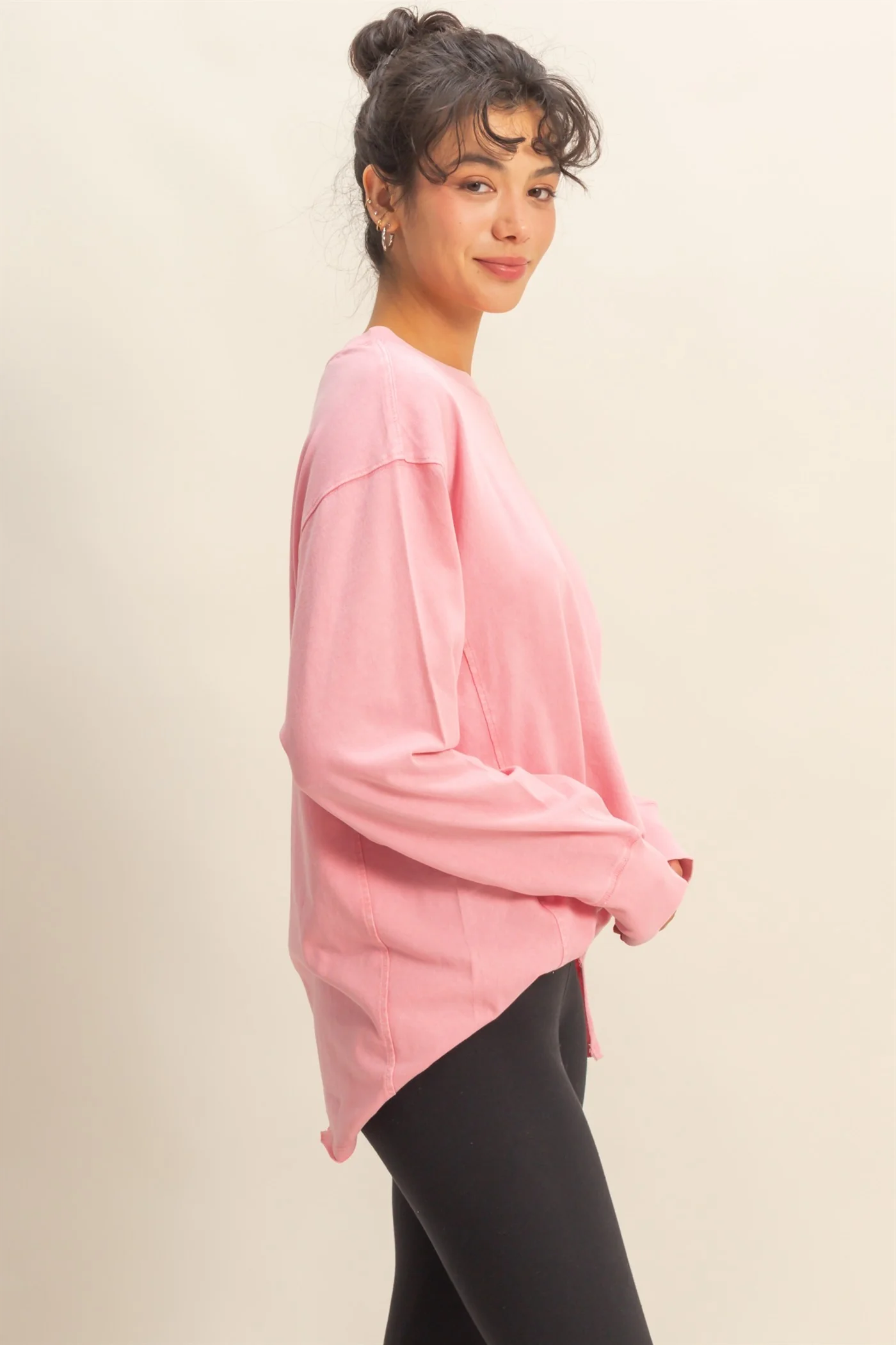 Pink Mineral Washed Drop Shoulder Long Sleeve Top - Image 2