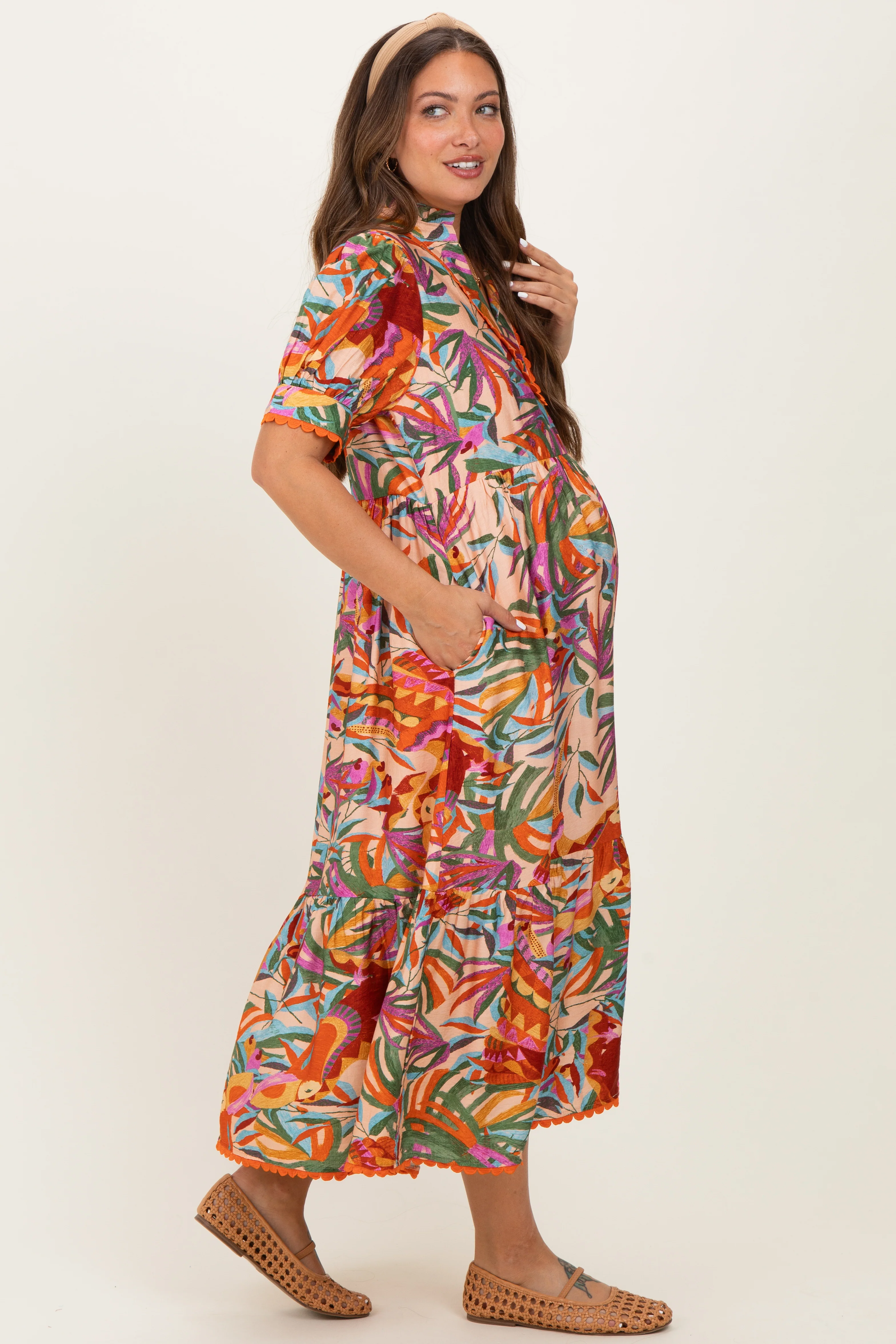 Pink Mix Leaf Print Pocketed Maternity Midi Dress - Image 3