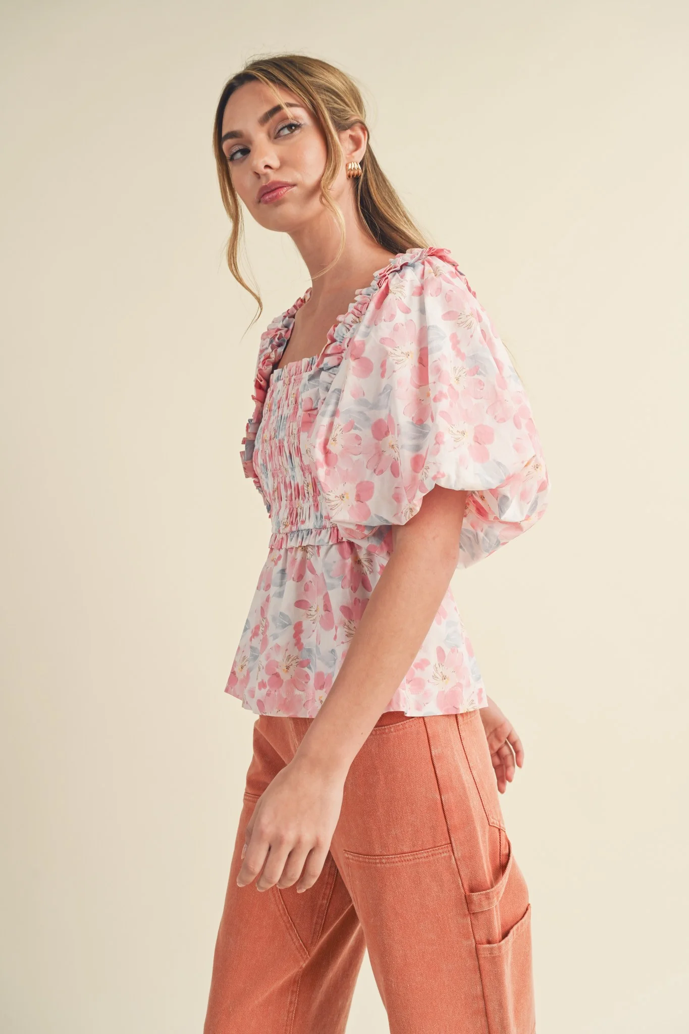 Pink Multi Floral Ruffle Trim Smocked Puff Sleeve Top - Image 2
