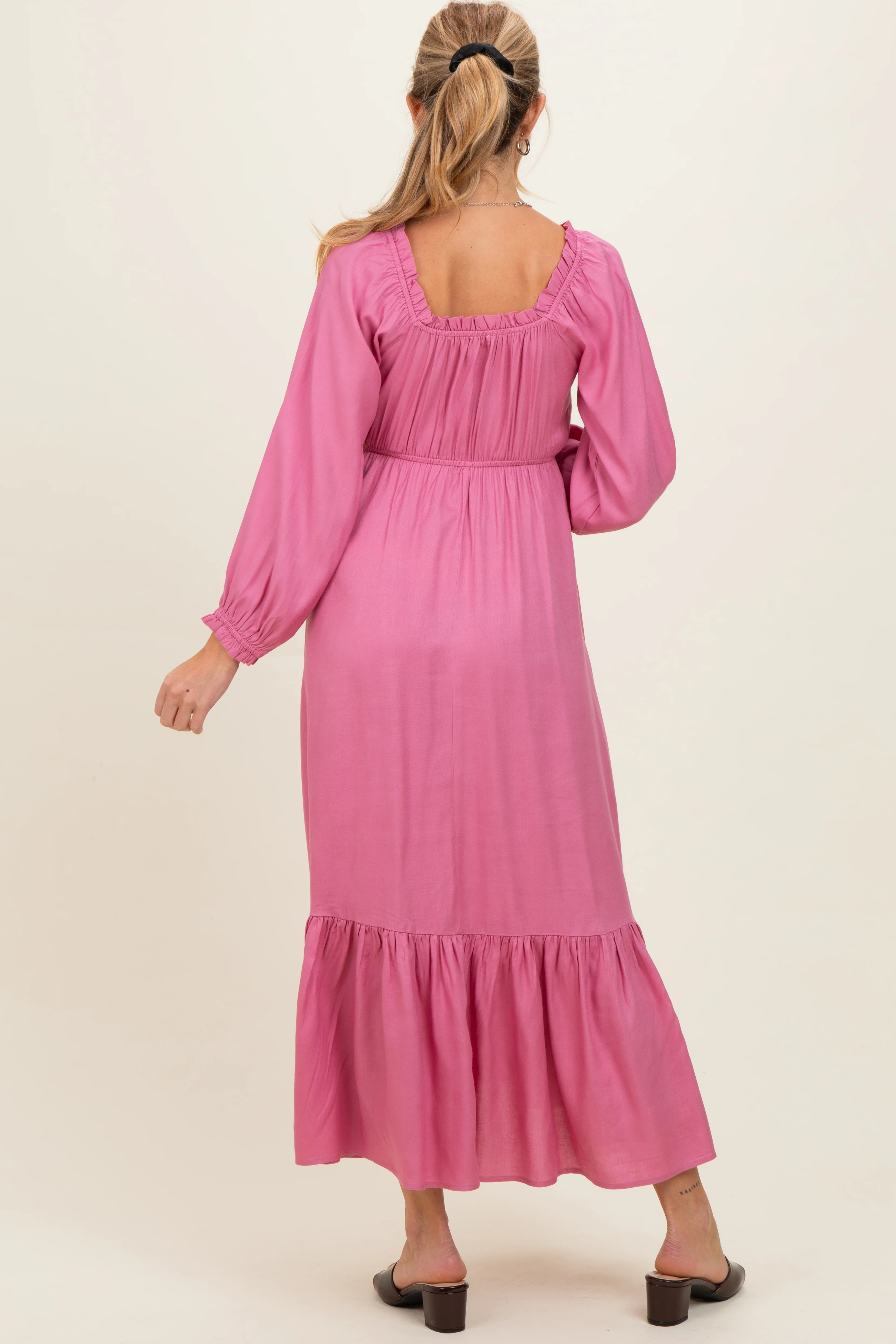 Pink Off Shoulder Button Accent Maternity Maxi Dress - Image 4