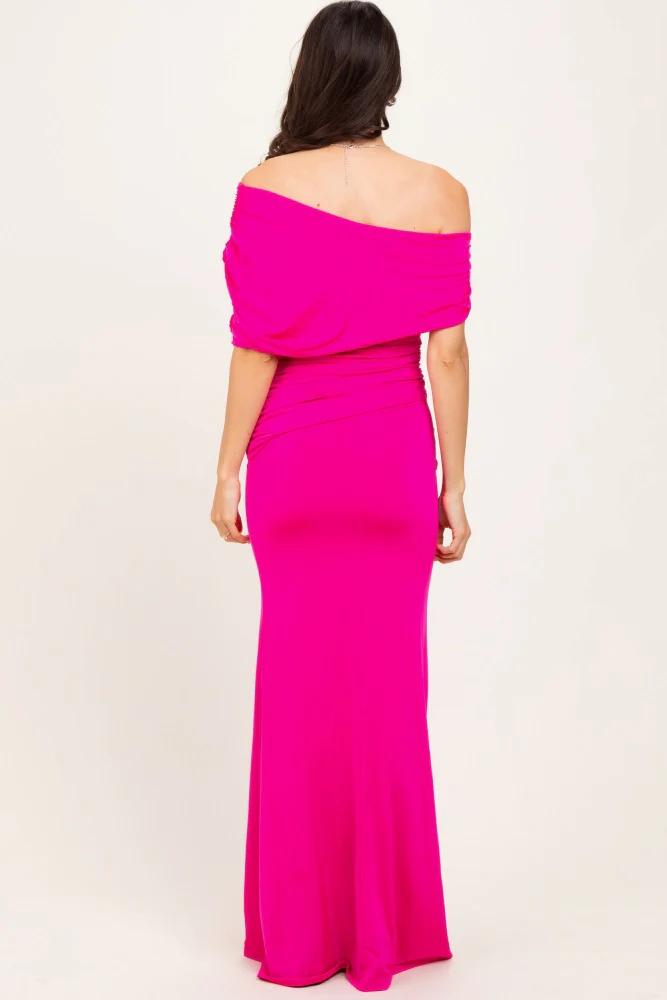 Pink Off Shoulder Foldover Ruched Maxi Dress - Image 4