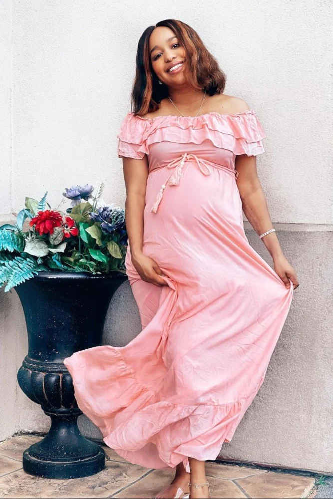 Pink Off Shoulder Tassel Tie Maternity Maxi Dress - Image 10
