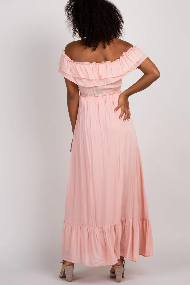 Pink Off Shoulder Tassel Tie Maxi Dress - Image 3