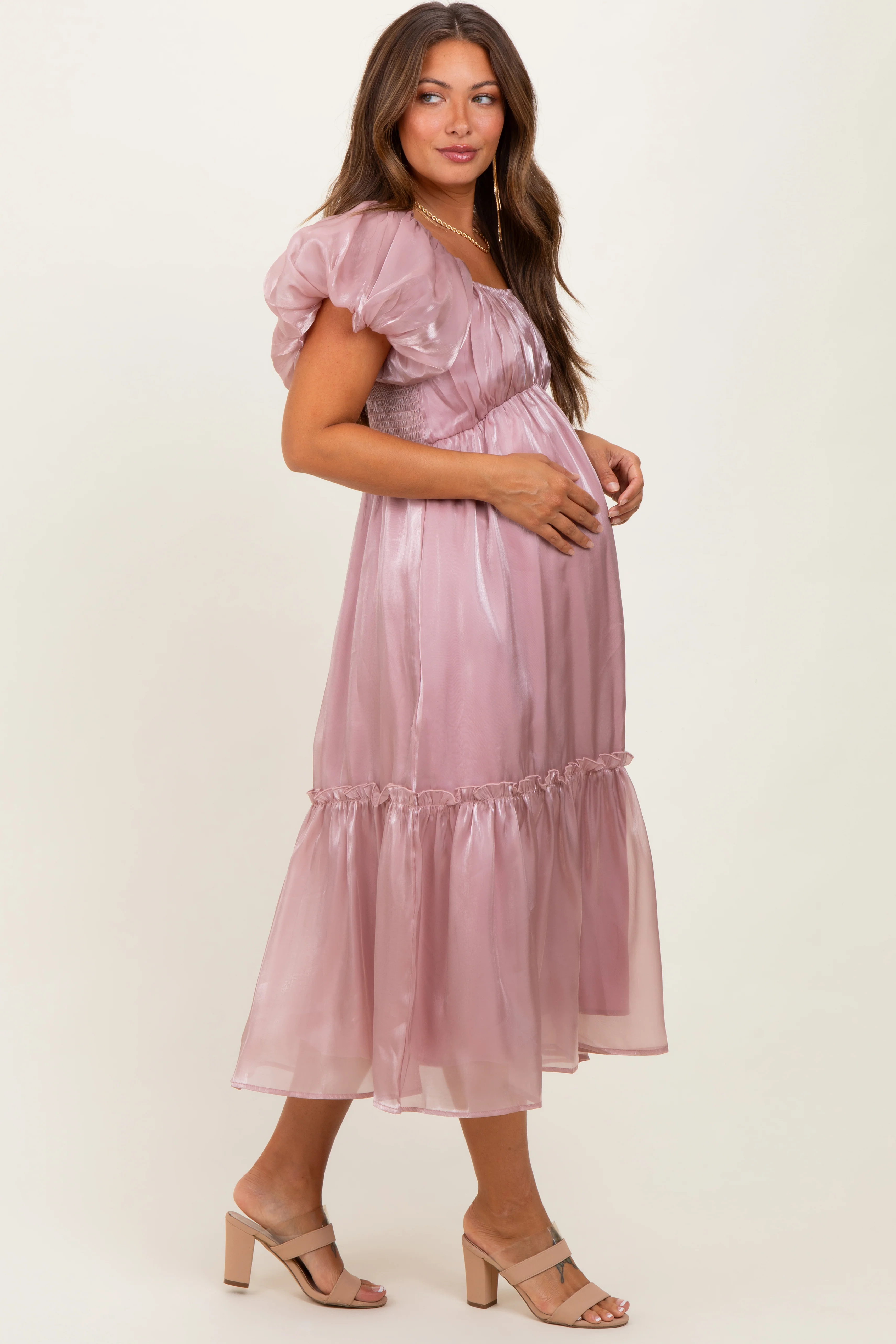 Pink Organza Puff Sleeve Maternity Midi Dress - Image 3