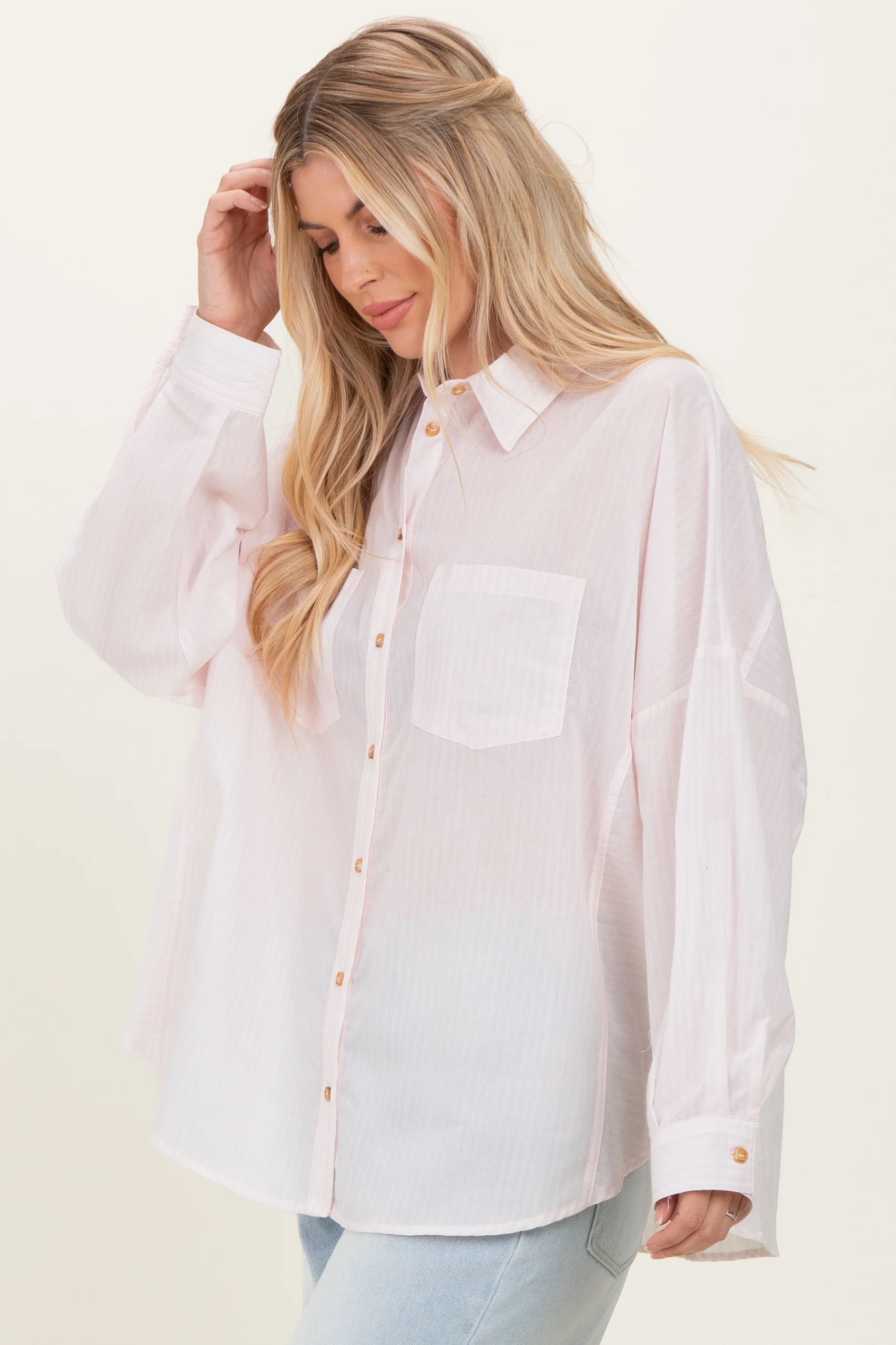 Pink Oversized Striped Button-Up Shirt - Image 7