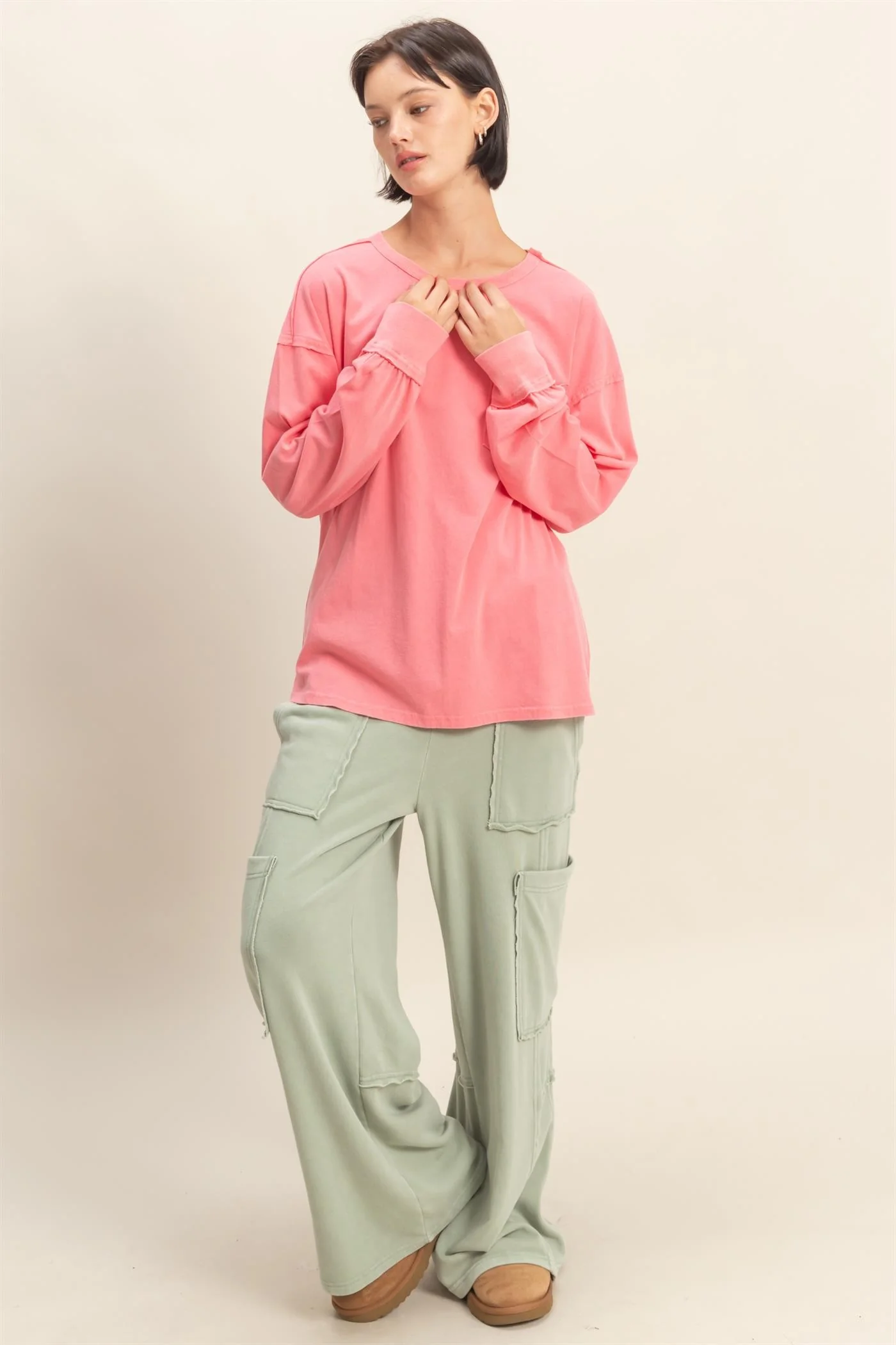 Pink Oversized Washed Long Sleeve Pocket Top - Image 4