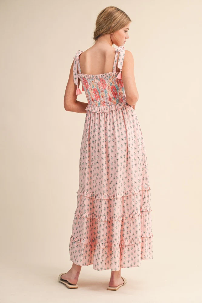 Pink Peach Multi Floral Smocked Midi Dress - Image 3