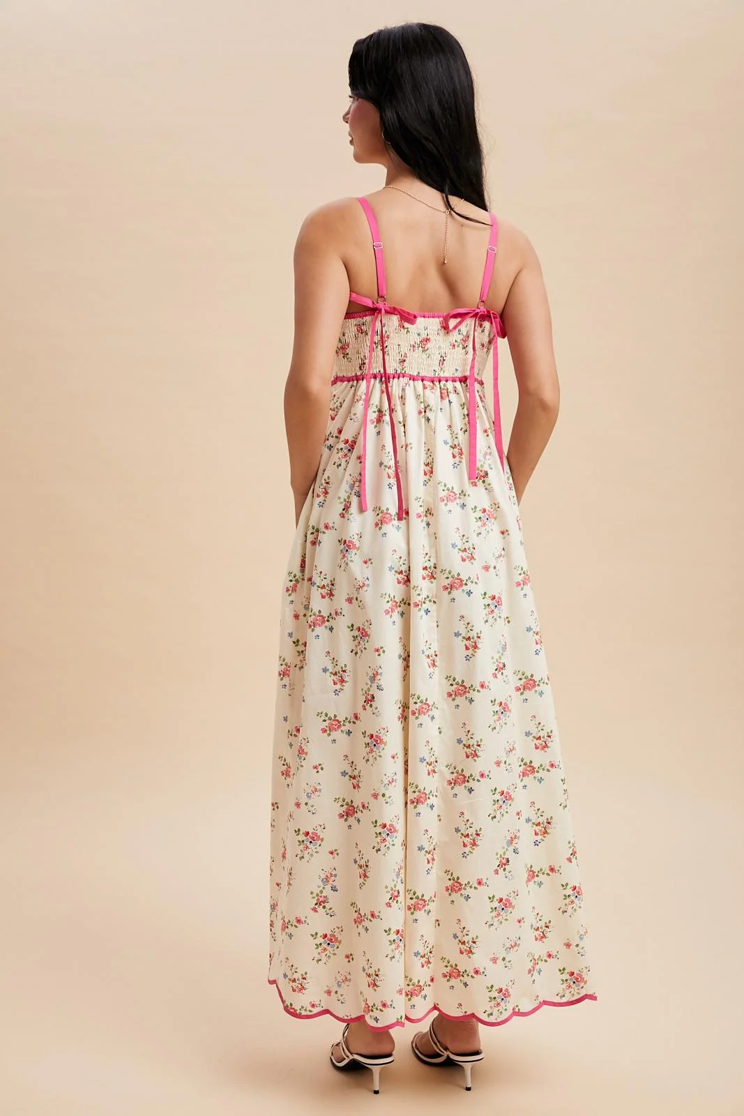Pink Peony Creme Floral Scalloped Contrast Maxi Dress - Image 4