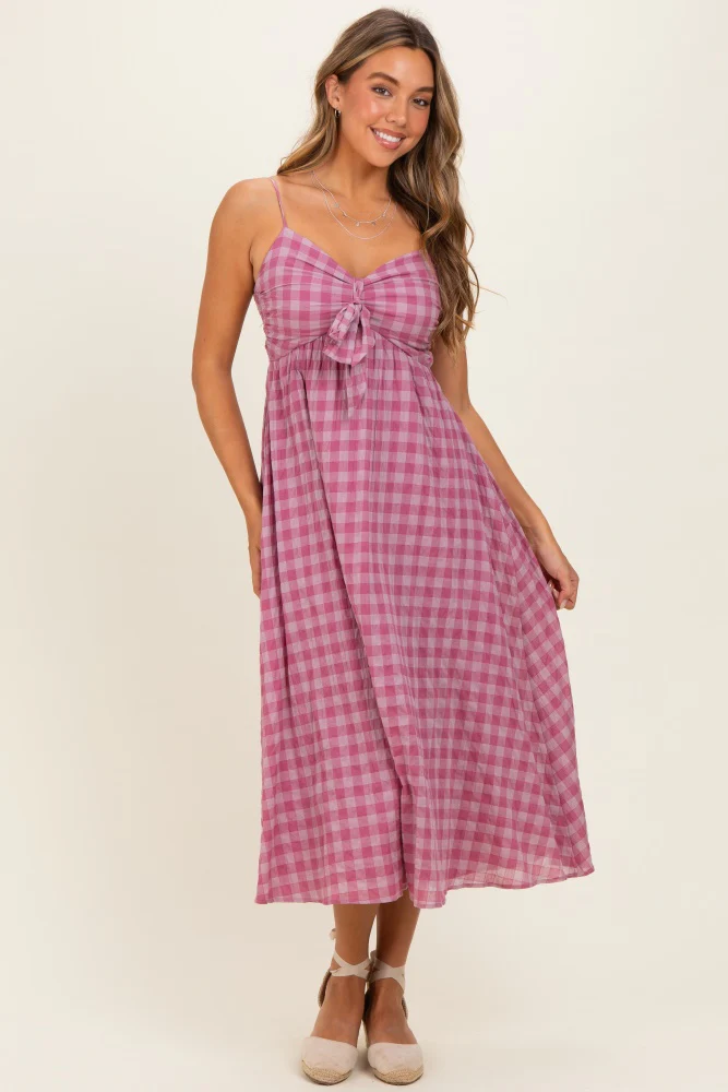 Pink Plaid Front Tie Sleeveless Maternity Maxi Dress - Image 4