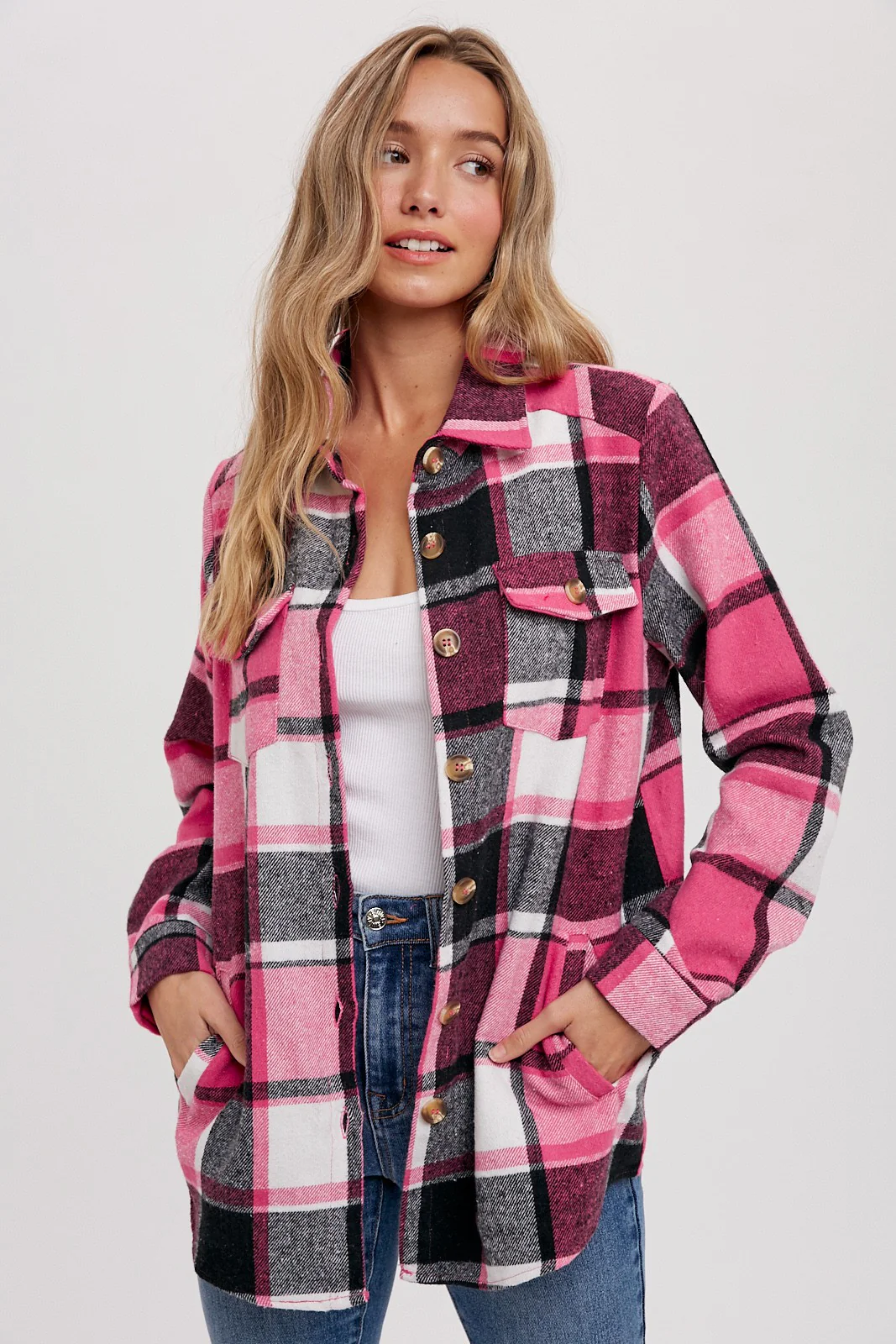 Pink Plaid Maternity Shirt Jacket - Image 5