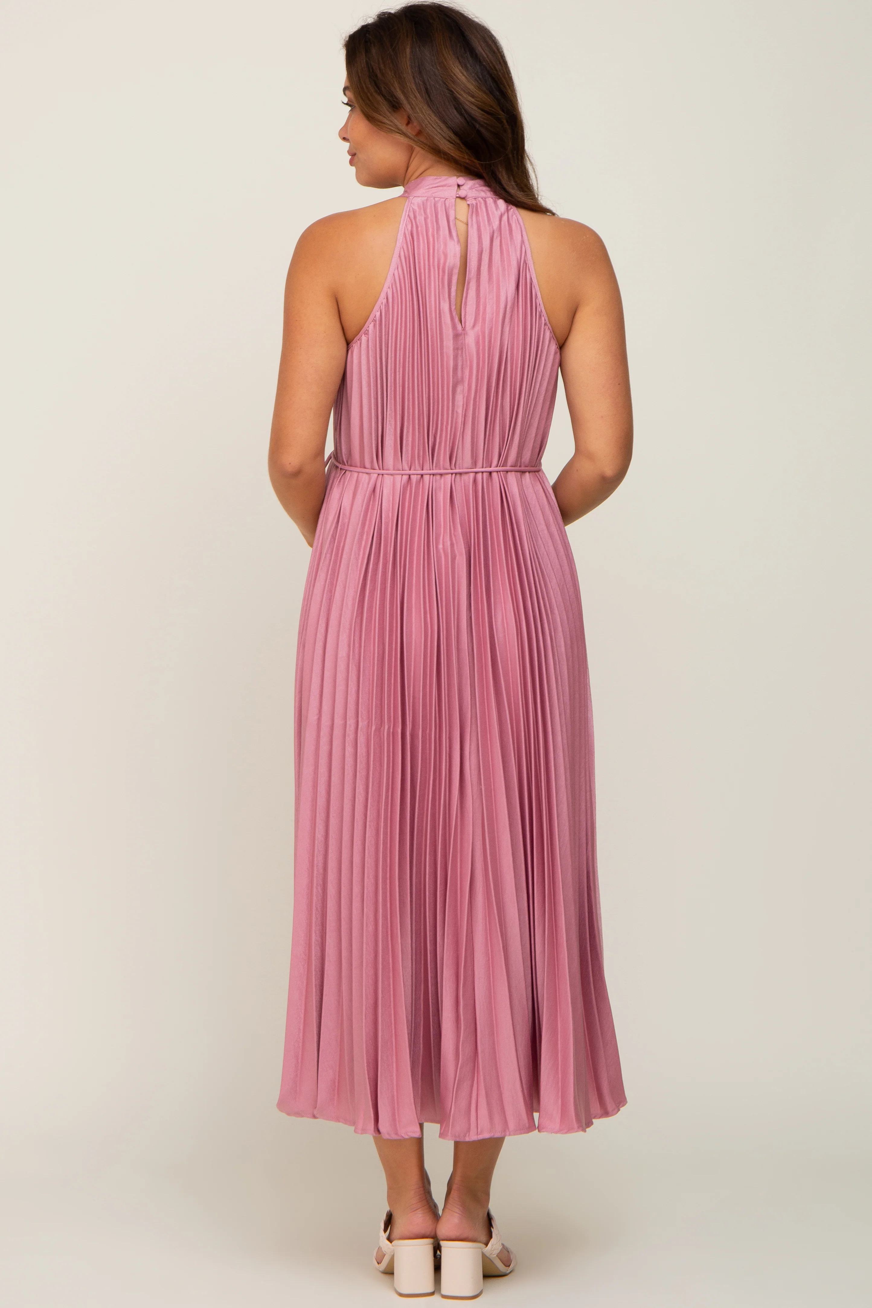 Pink Pleated Maternity Halter Dress - Image 4