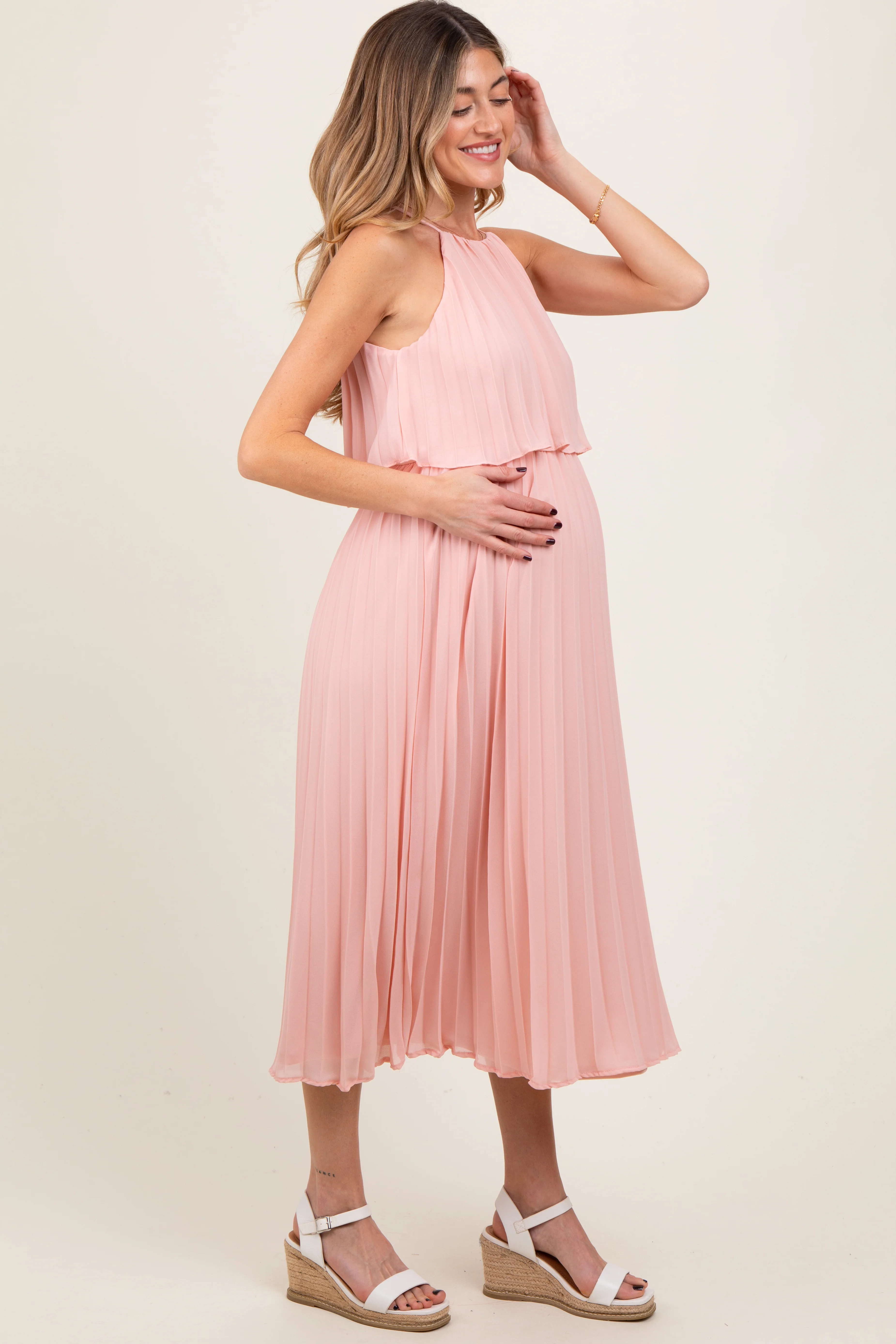 Pink Pleated Woven Maternity Midi Dress - Image 3