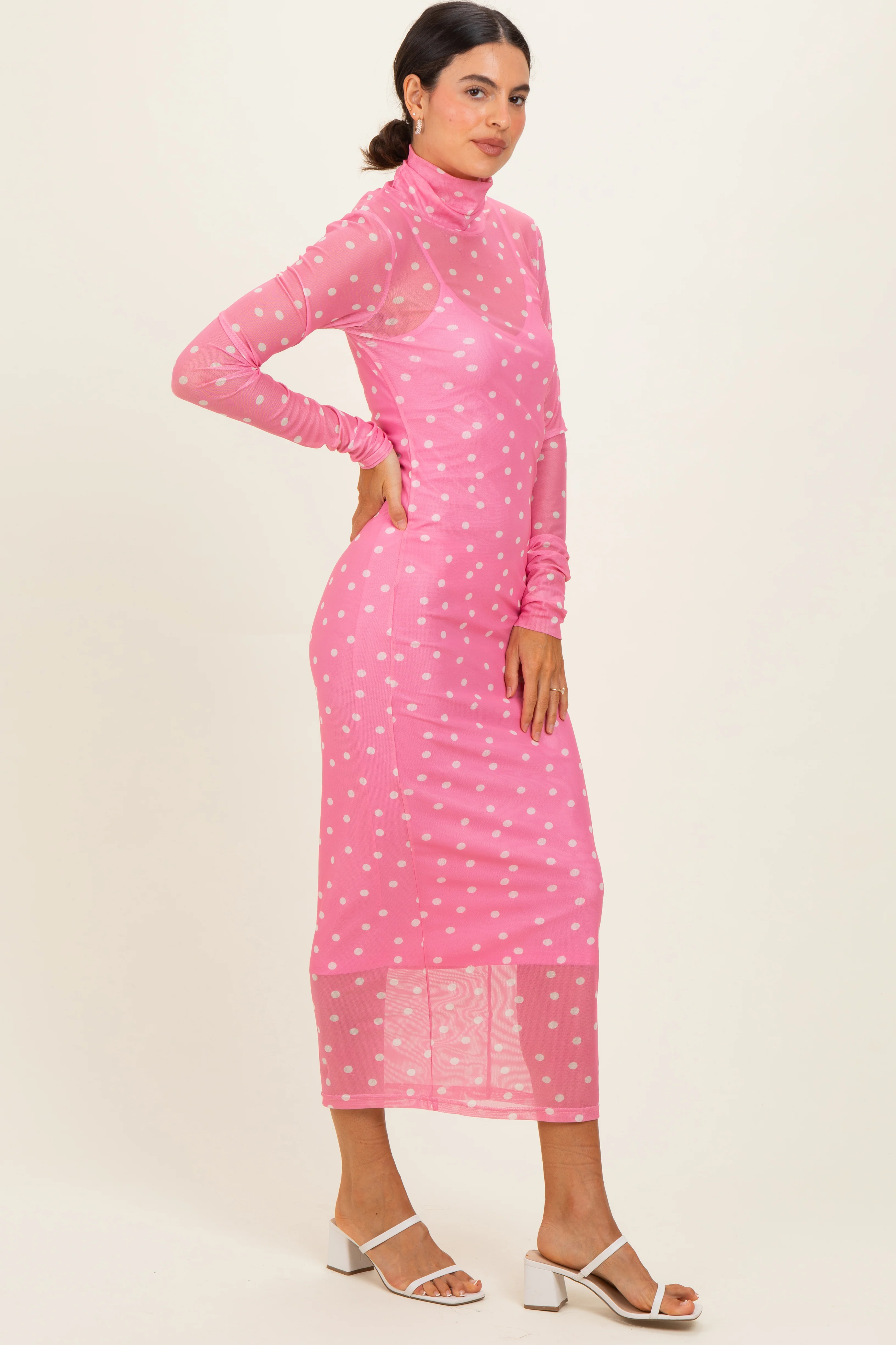 Pink Polka Dot Mesh Overlay Midi Dress - Image 2