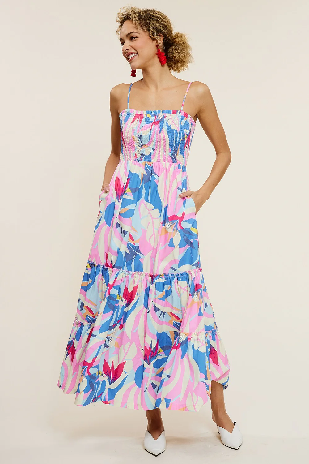 Pink Printed Smocked Bodice Tiered Maternity Maxi Dress - Image 3