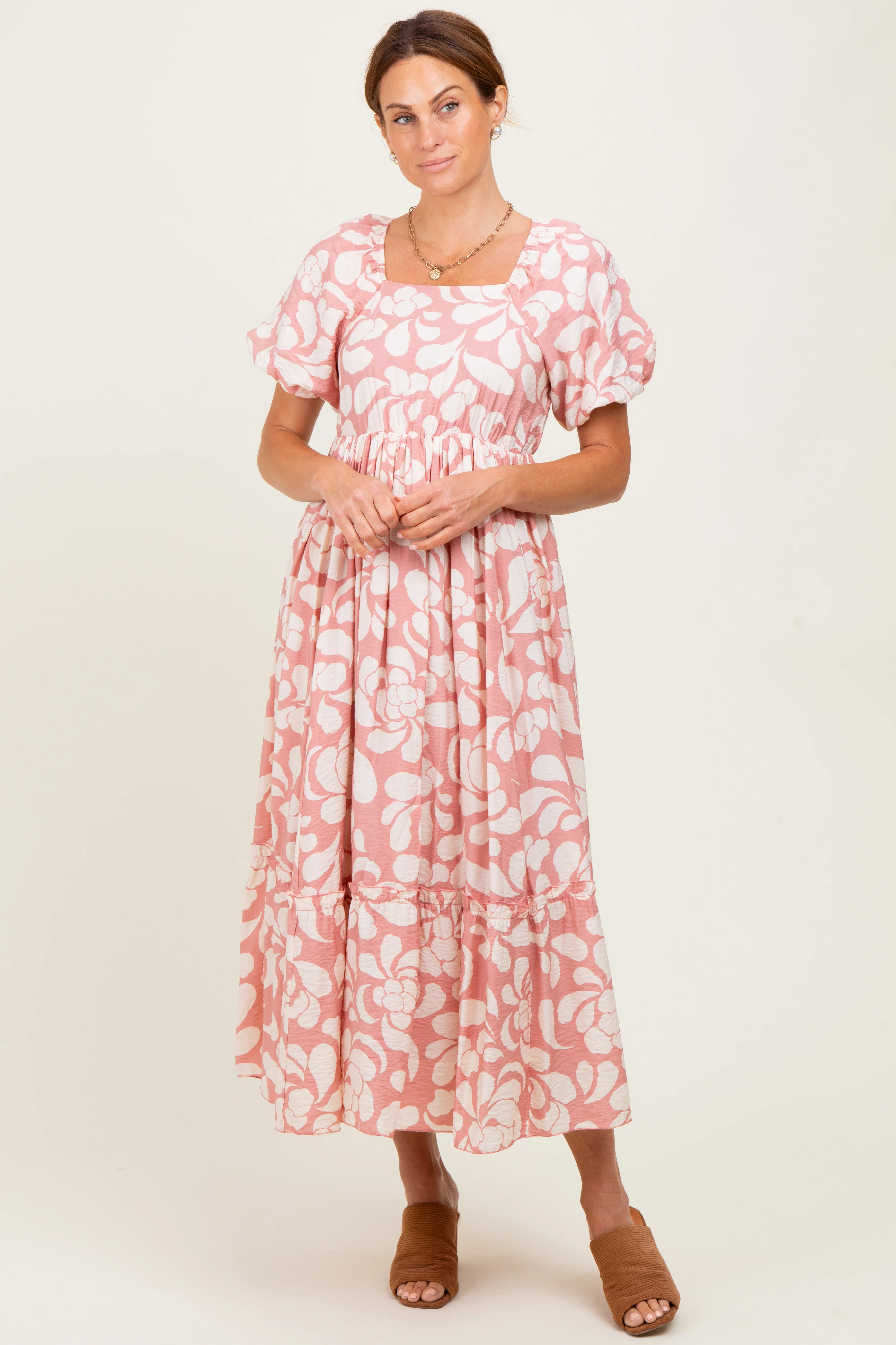 Pink Printed Square Neck Bubble Sleeve Maxi Dress