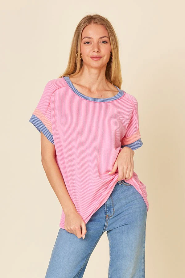 Pink Ribbed Colorblock Detail Maternity Short Sleeve Top - Image 5