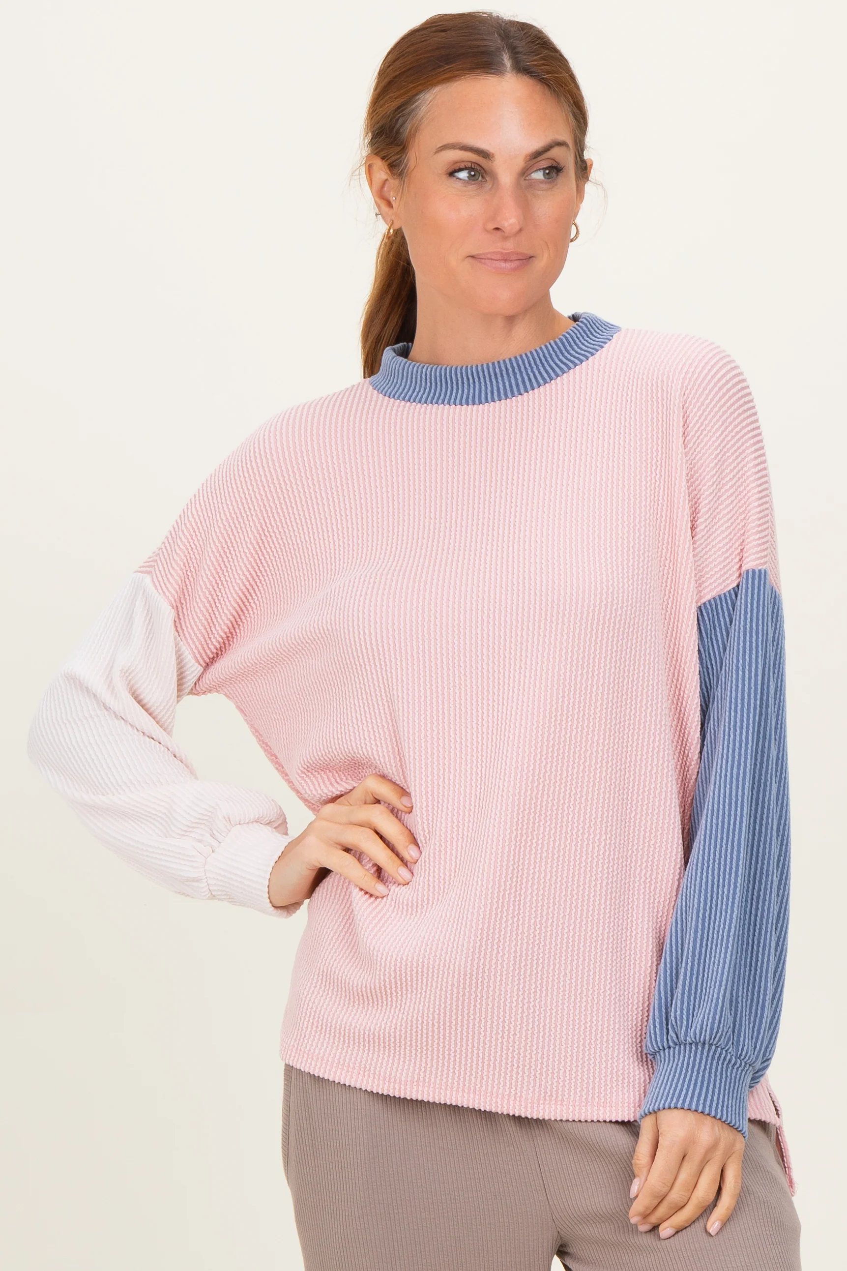 Pink Ribbed Colorblock Maternity Side Slit Top - Image 5