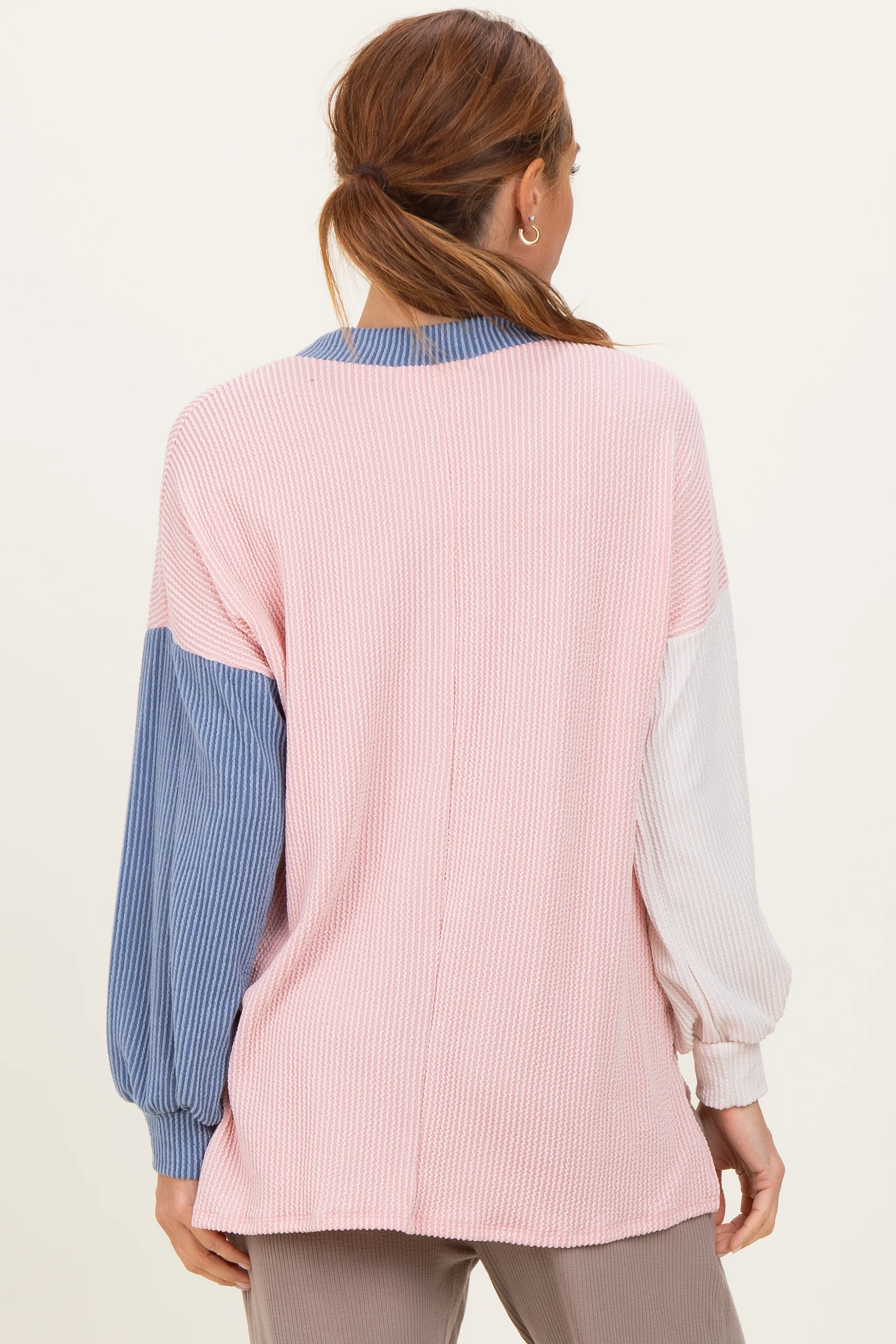 Pink Ribbed Colorblock Side Slit Top - Image 3