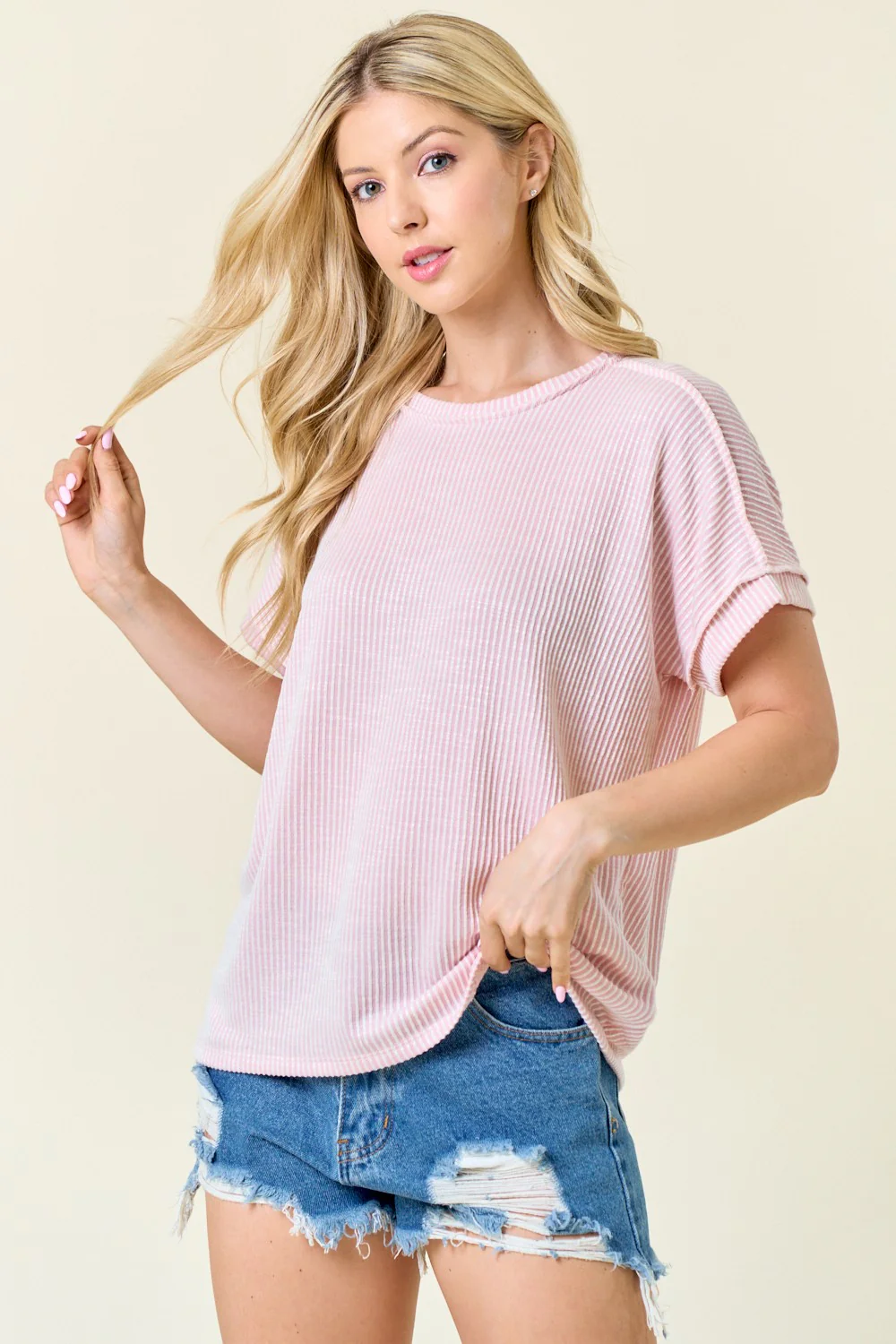 Pink Ribbed Exposed Seam Maternity Short Sleeve Top - Image 5