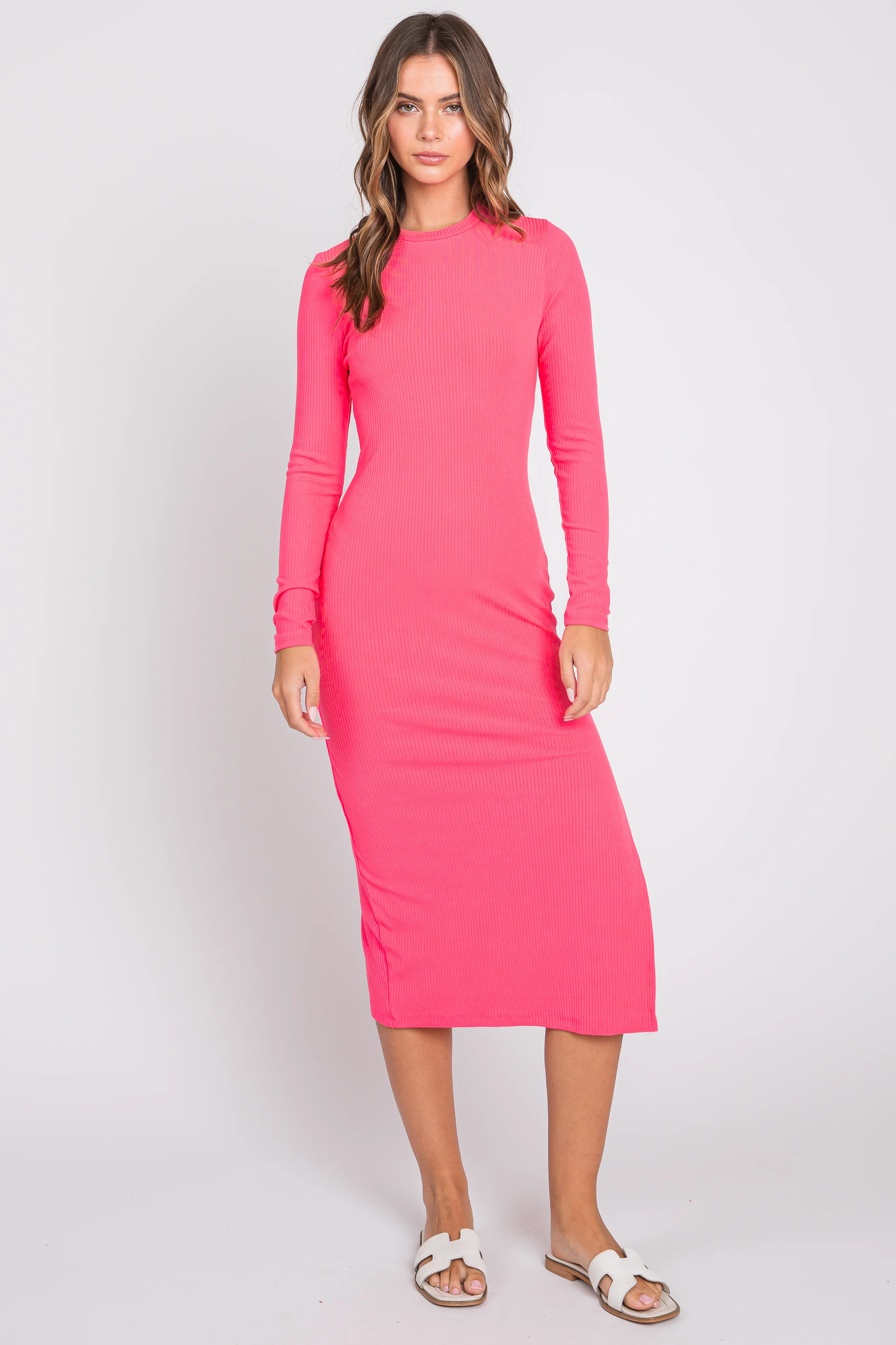 Pink Ribbed Mock Neck Long Sleeve Maternity Midi Dress - Image 5