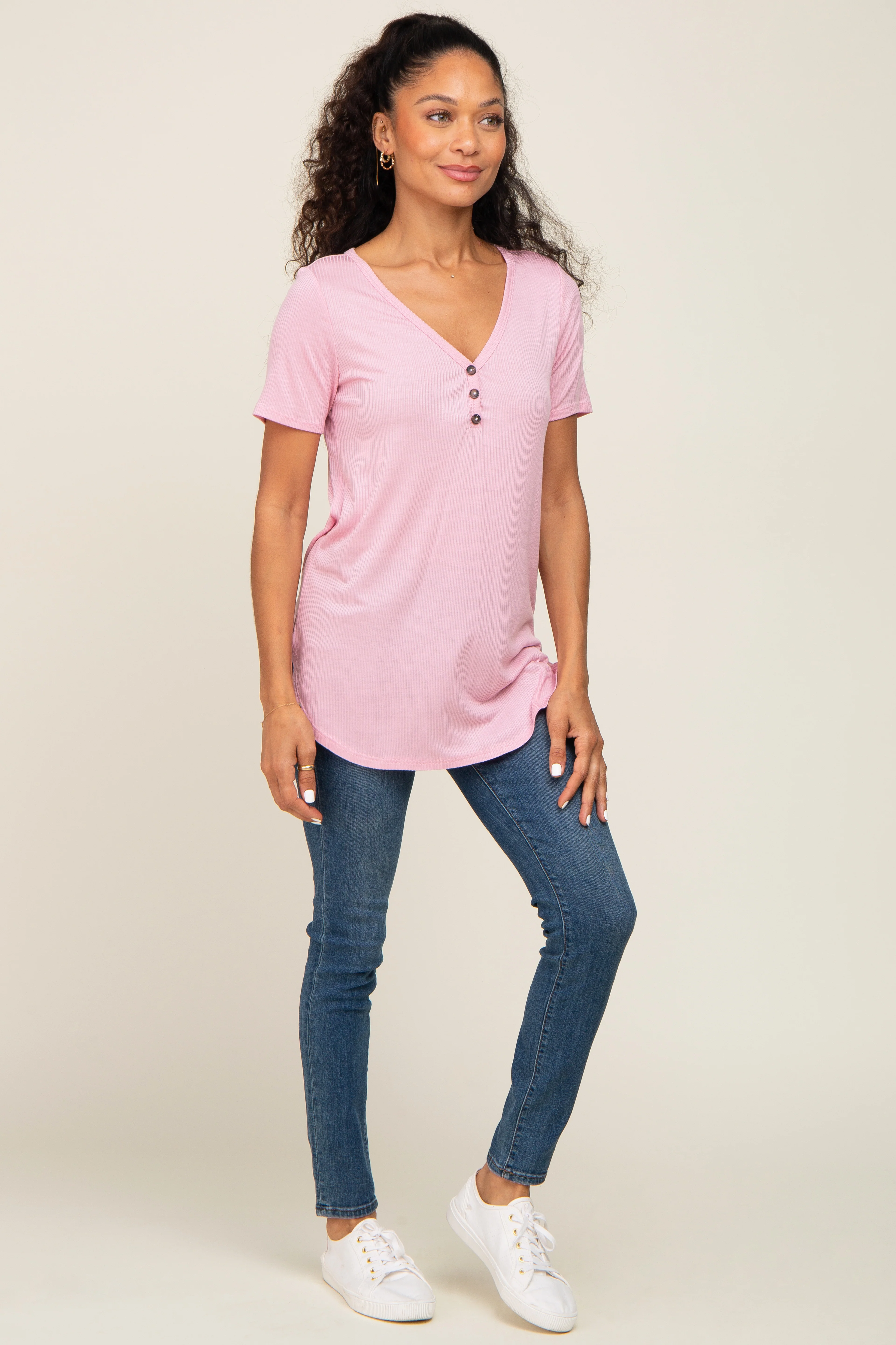 Pink Ribbed Short Sleeve Button Detail Top - Image 4