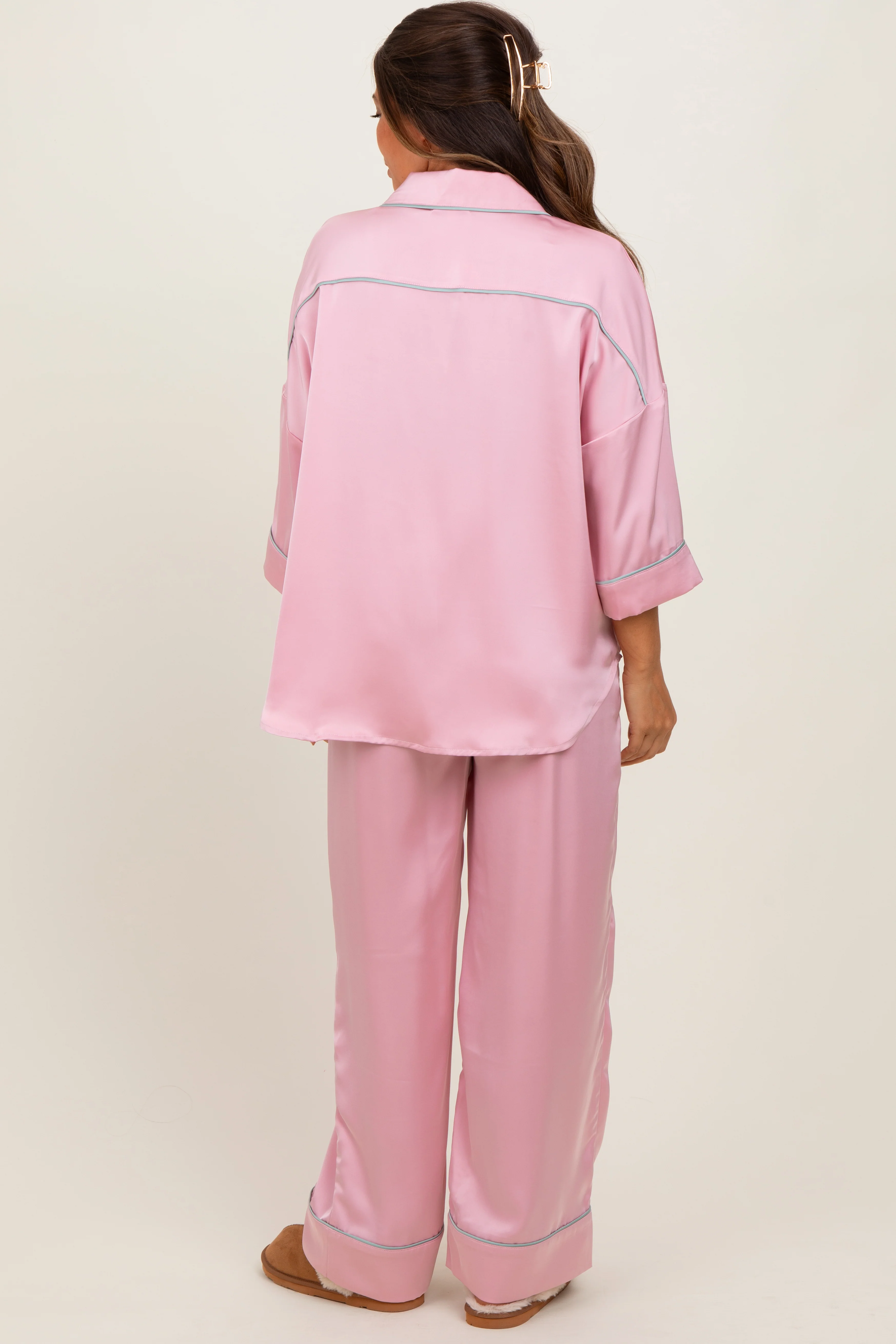 Pink Satin Contrast Trim Pajama Pant Maternity Set - Image 3