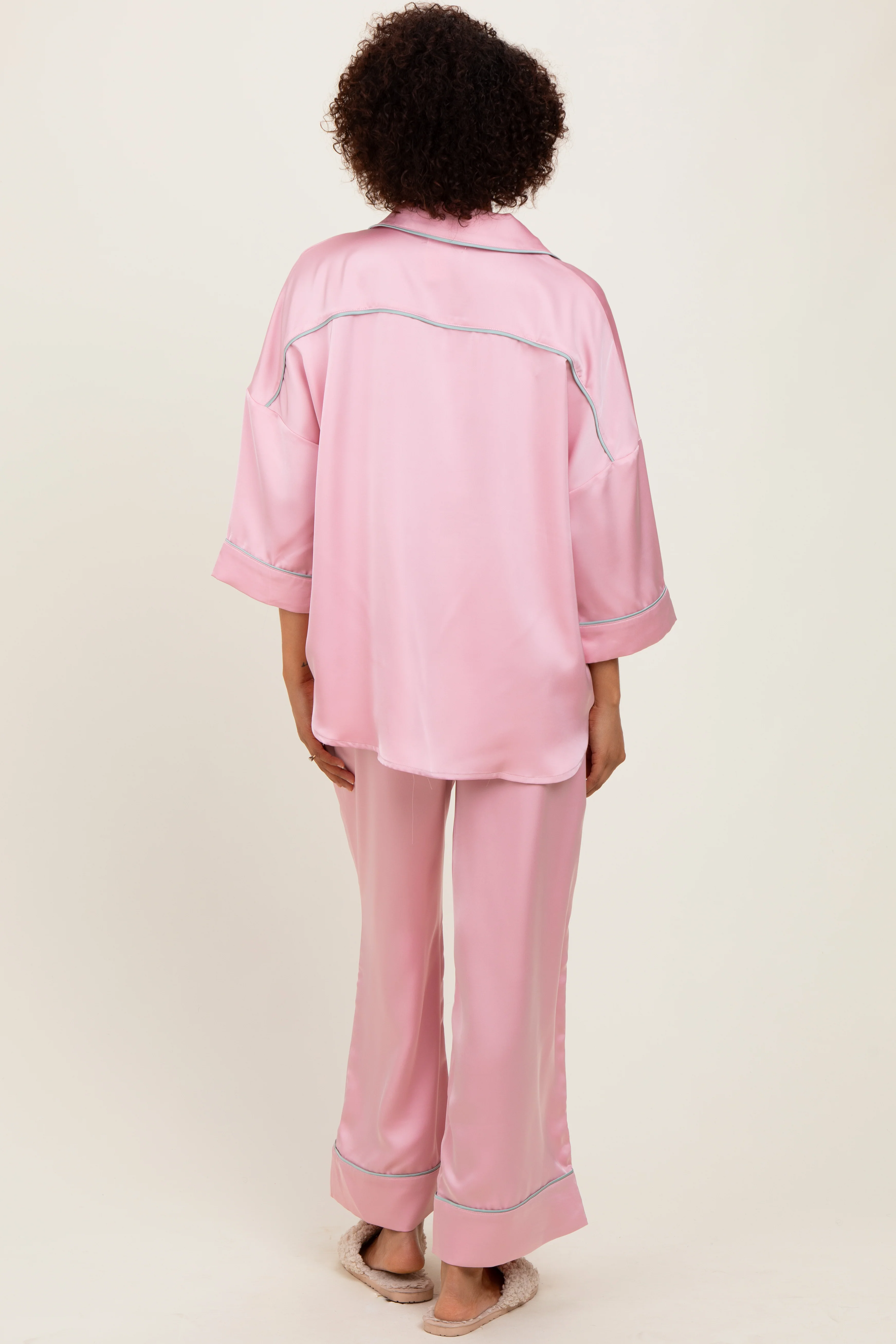 Pink Satin Contrast Trim Pajama Pant Set - Image 2