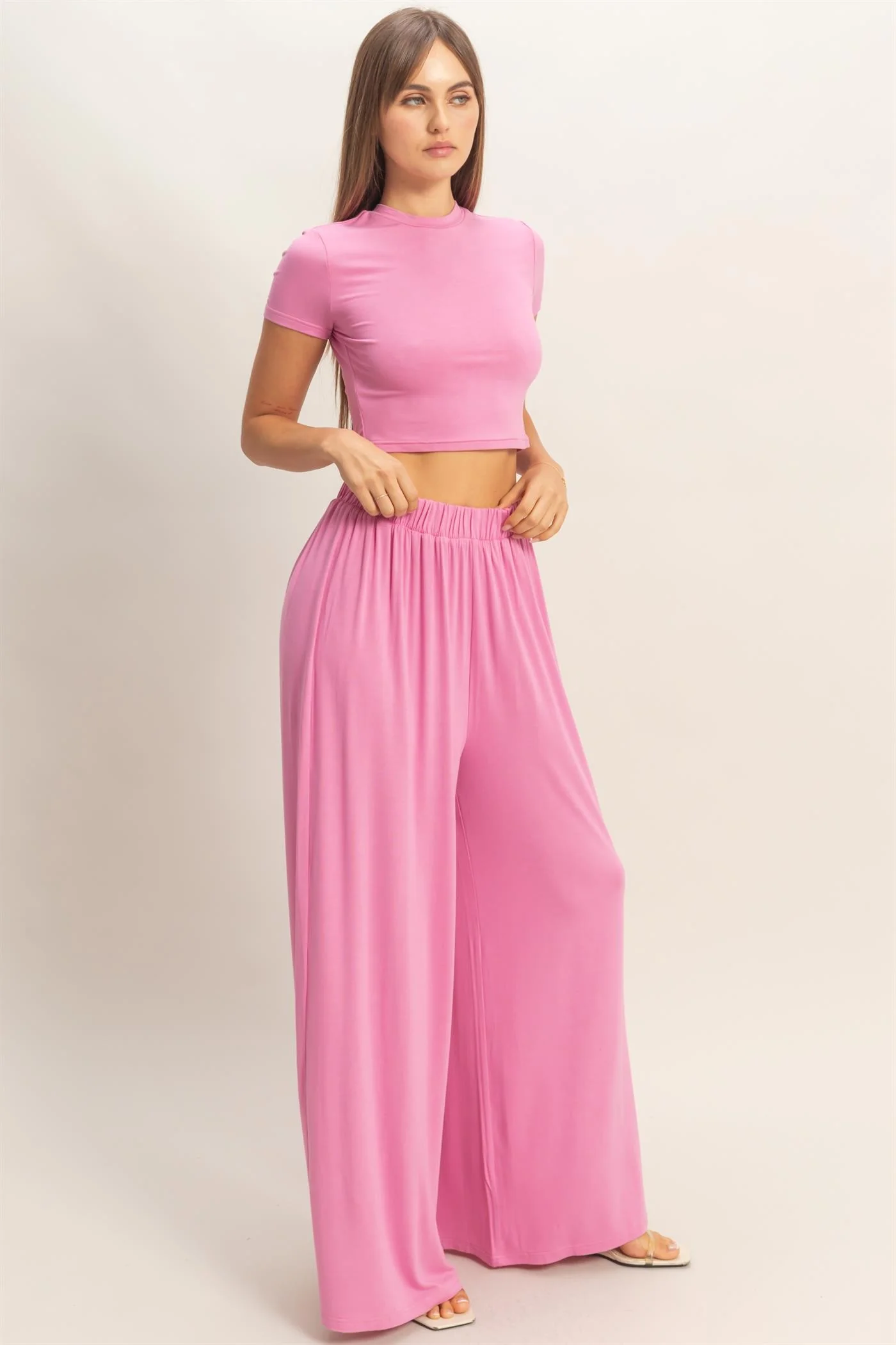 Pink Short Sleeve Crop Top Wide Leg Pant Set - Image 3