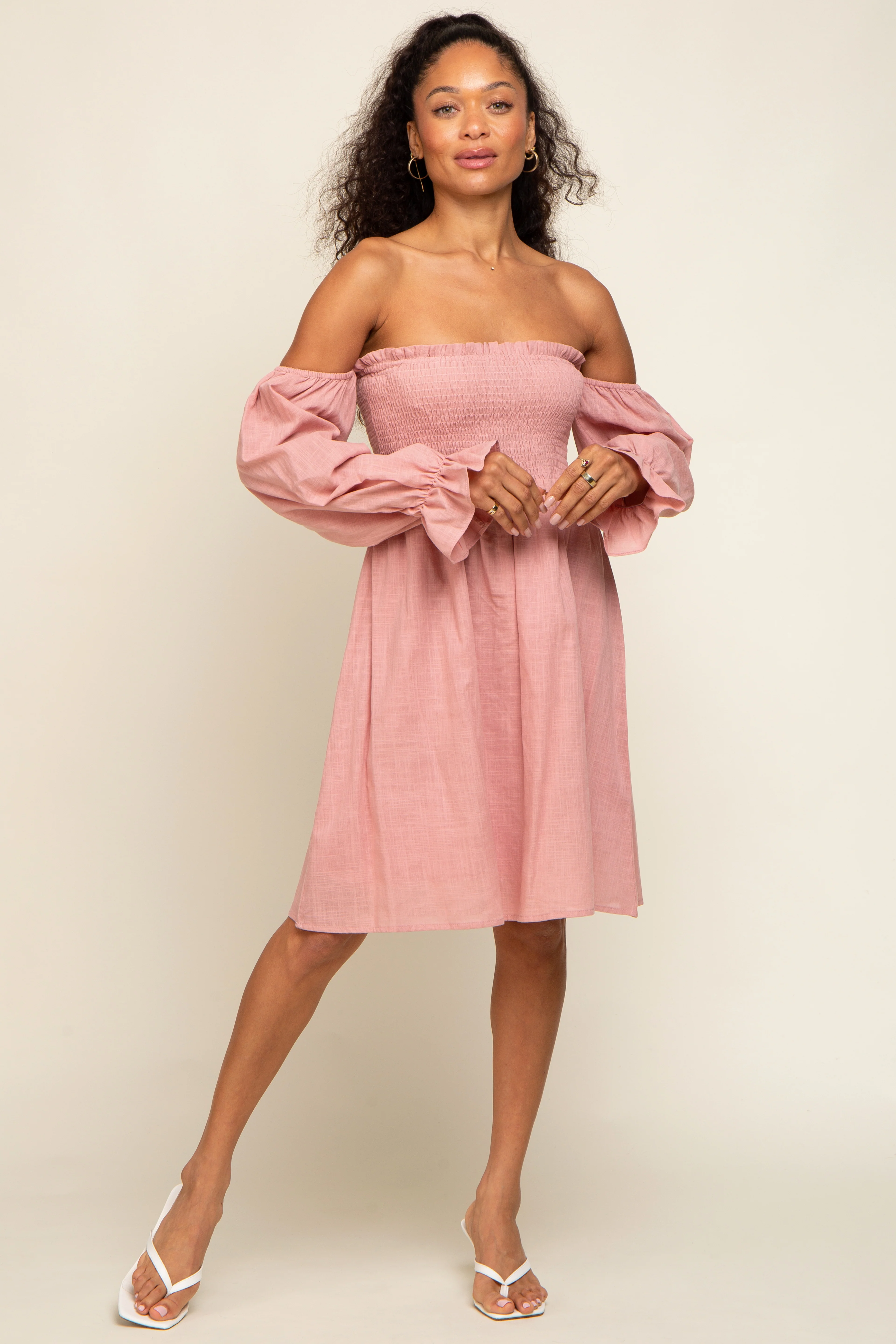 Pink Smocked Off Shoulder Long Sleeve Dress - Image 4