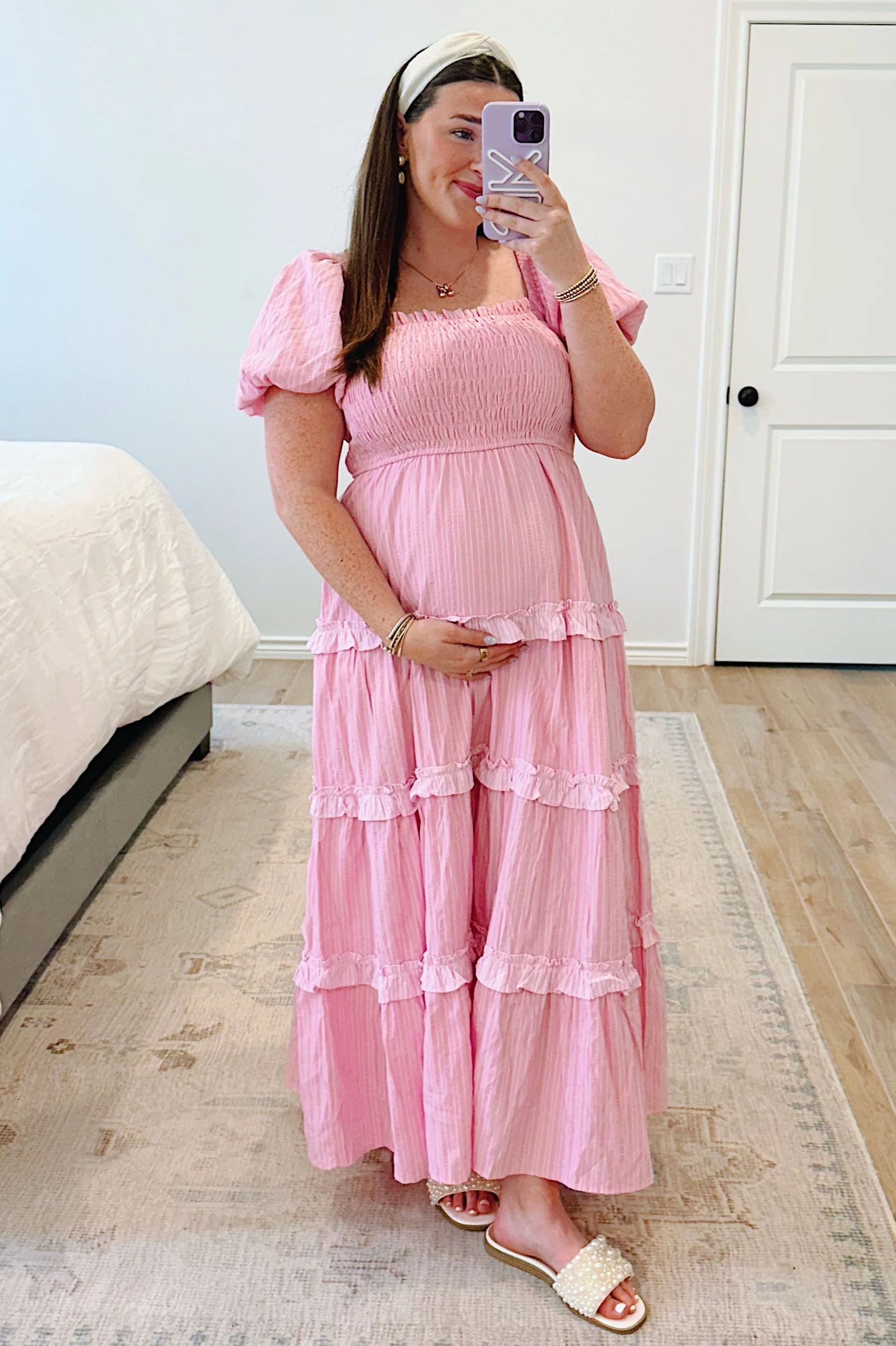 Pink Smocked Ruffle Tiered Puff Sleeve Maternity Maxi Dress - Image 5