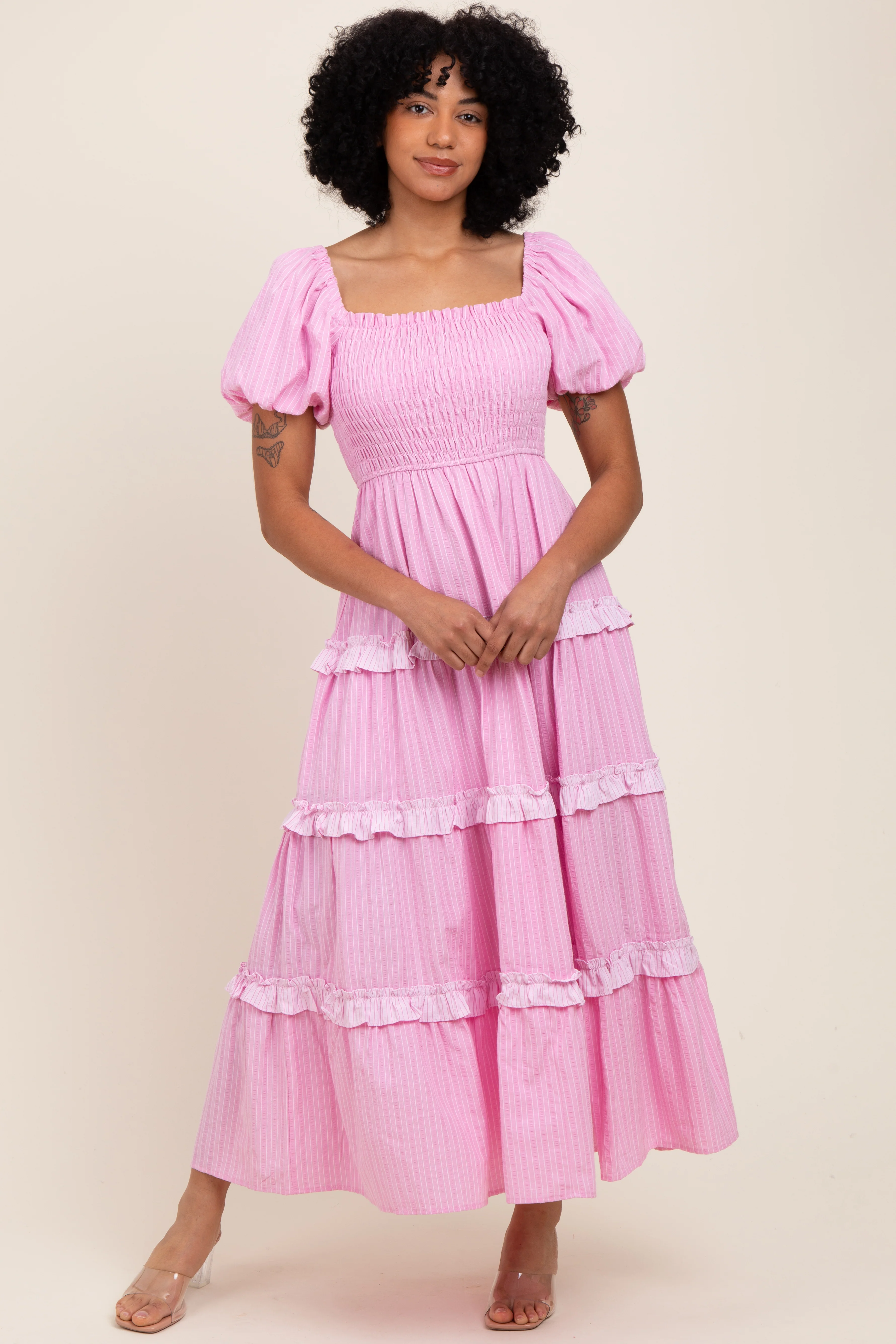 Pink Smocked Ruffle Tiered Puff Sleeve Maternity Maxi Dress - Image 7