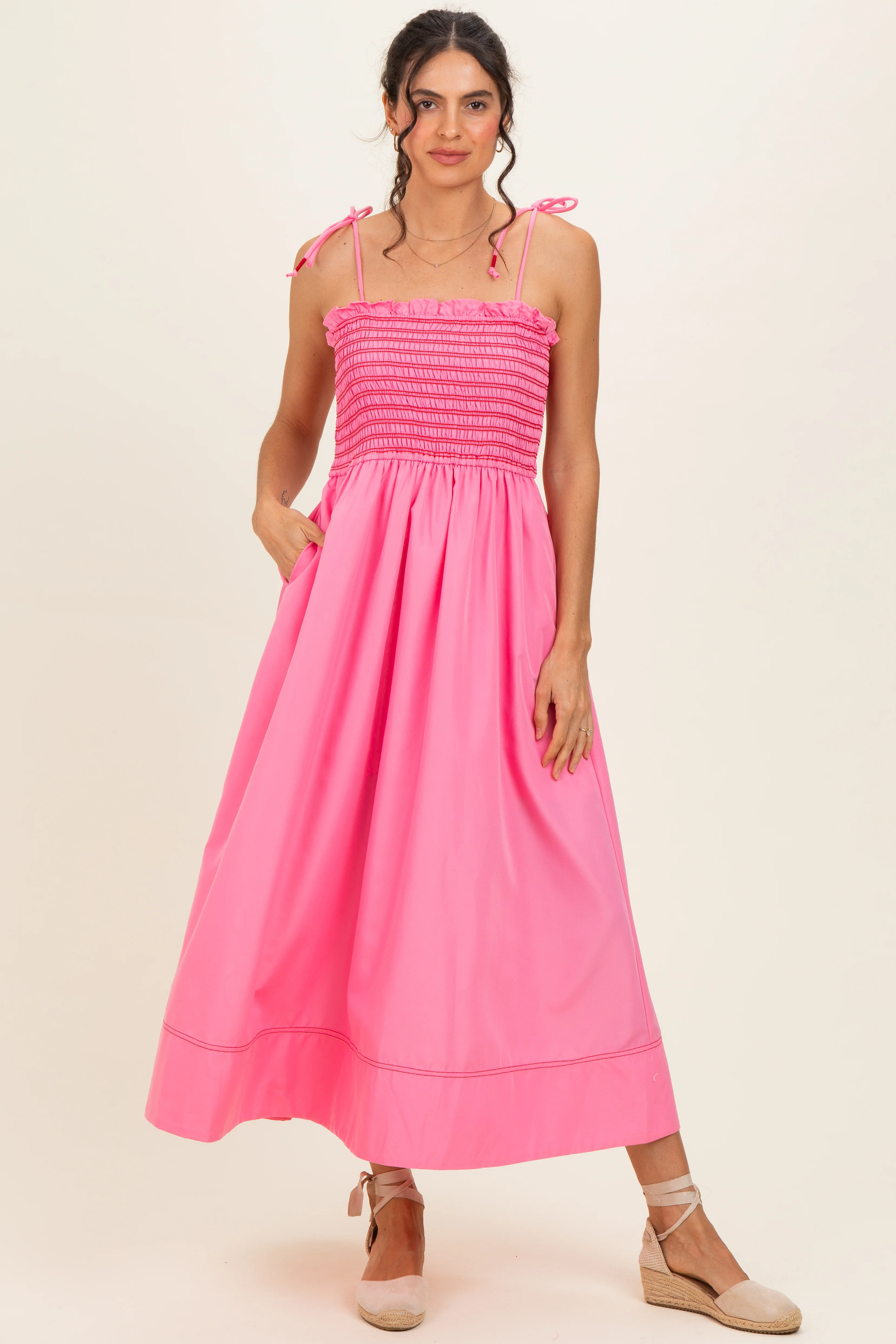 Pink Smocked Shoulder Tie Maternity Midi Dress - Image 4