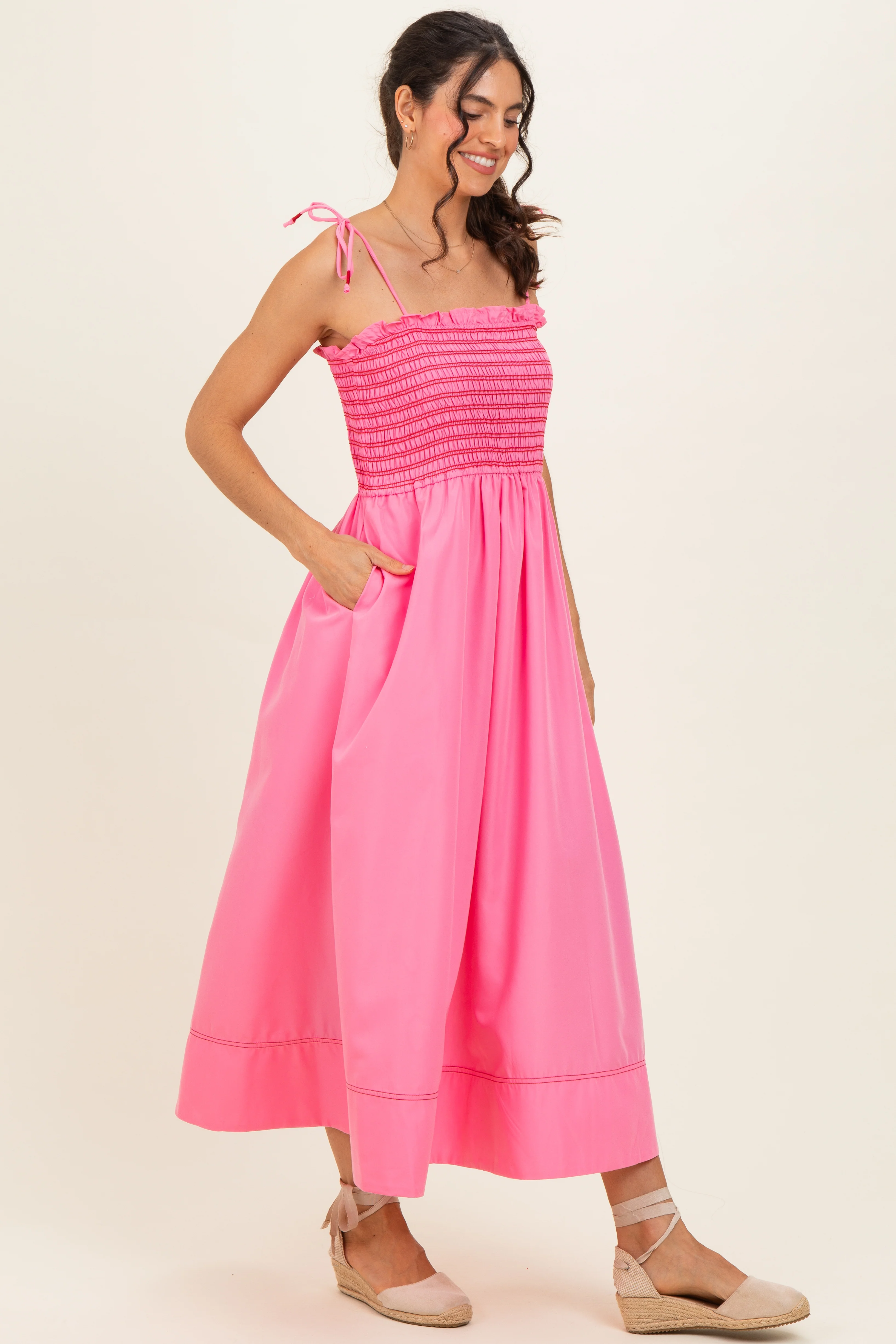 Pink Smocked Shoulder Tie Midi Dress - Image 3