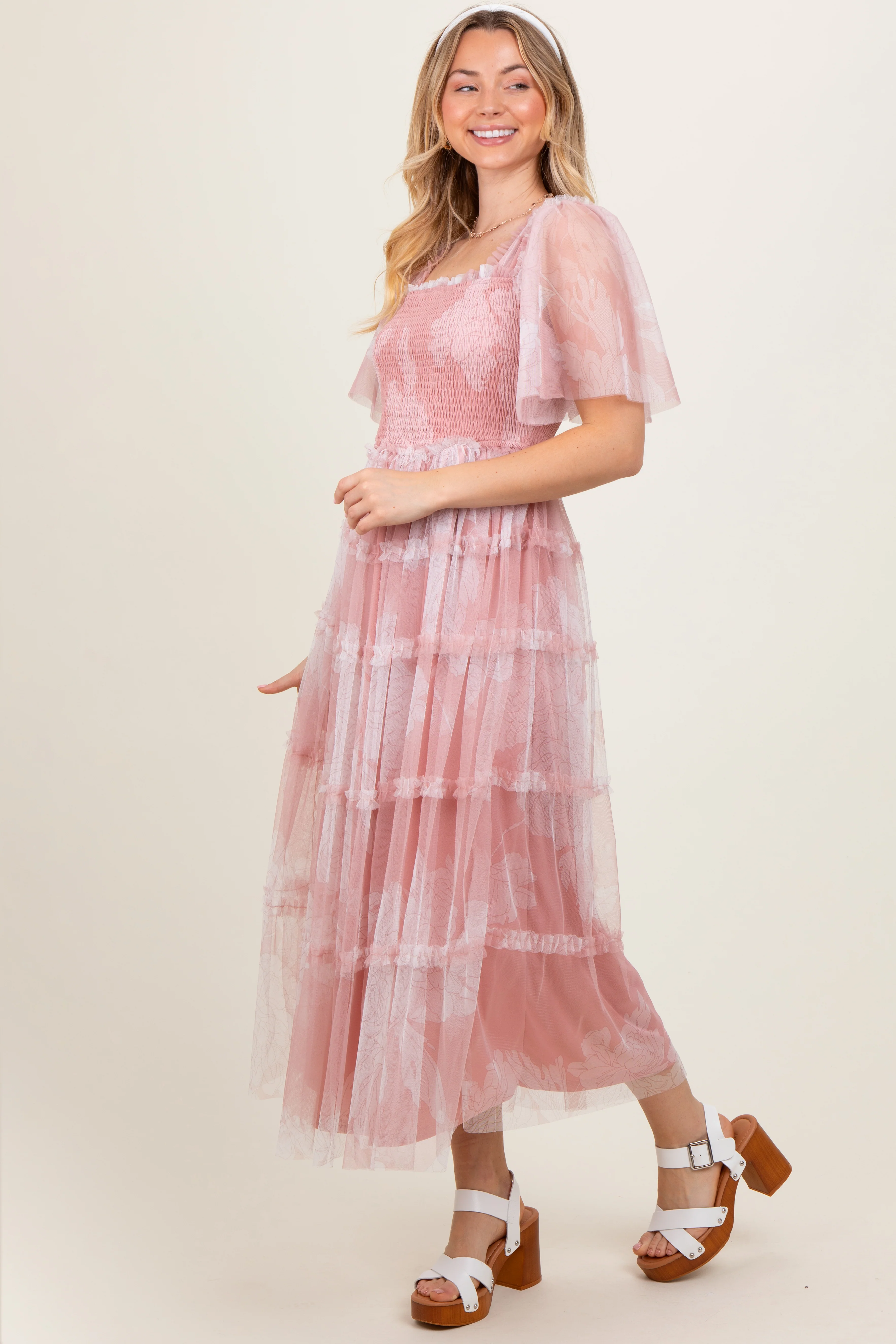 Pink Smocked Top Mesh Ruffled Midi Dress - Image 2