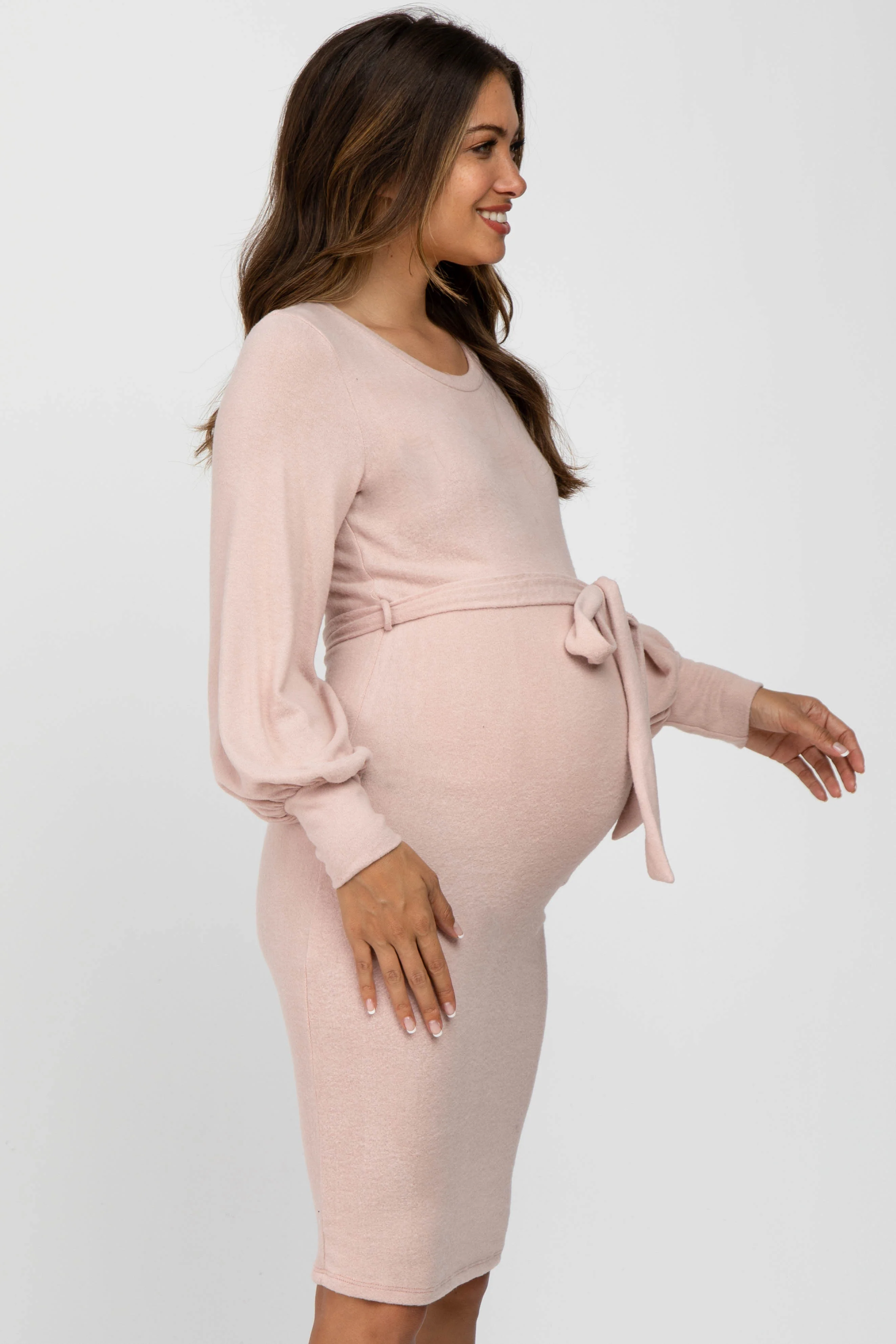 Pink Soft Brushed Waist Tie Bubble Sleeve Maternity Dress - Image 3
