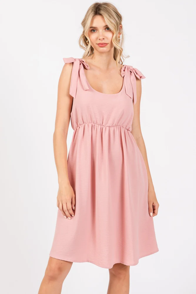 Pink Solid Tie-Shoulder Scoop Neck Maternity Dress - Image 5