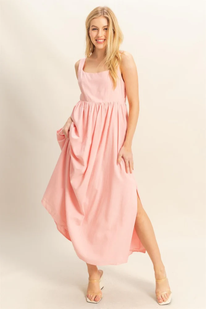 Pink Square Neck Fit And Flare Midi Dress