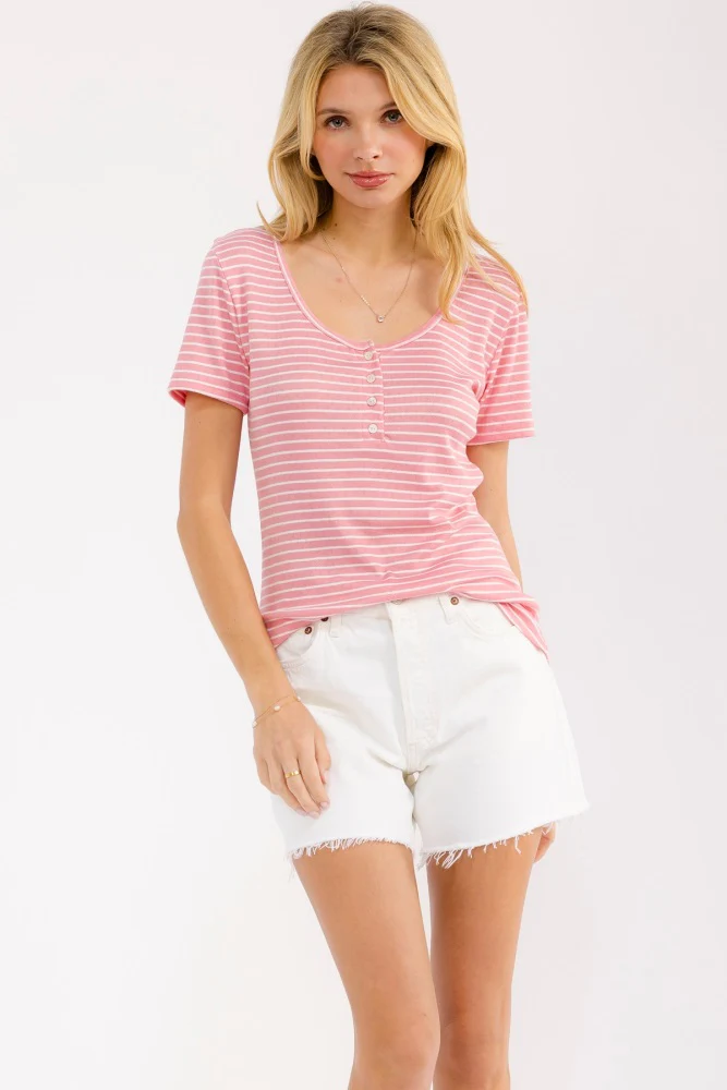 Pink Stripe Scoop Neck Henley Maternity Top - Image 4