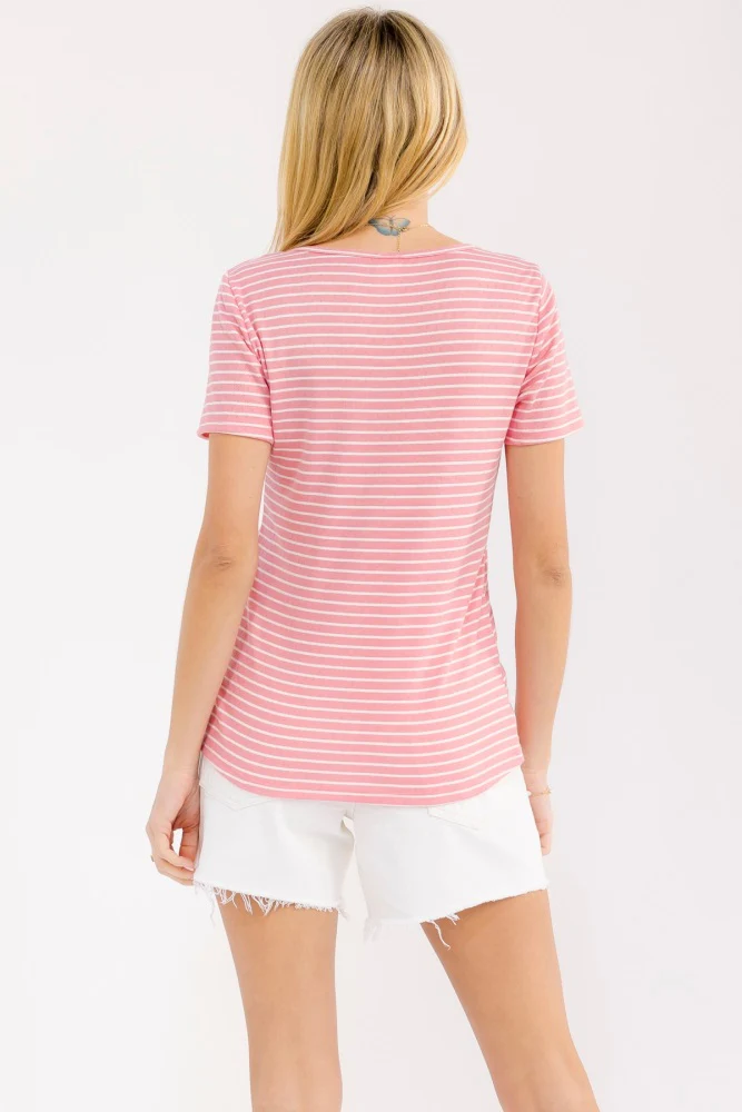 Pink Stripe Scoop Neck Henley Top - Image 3