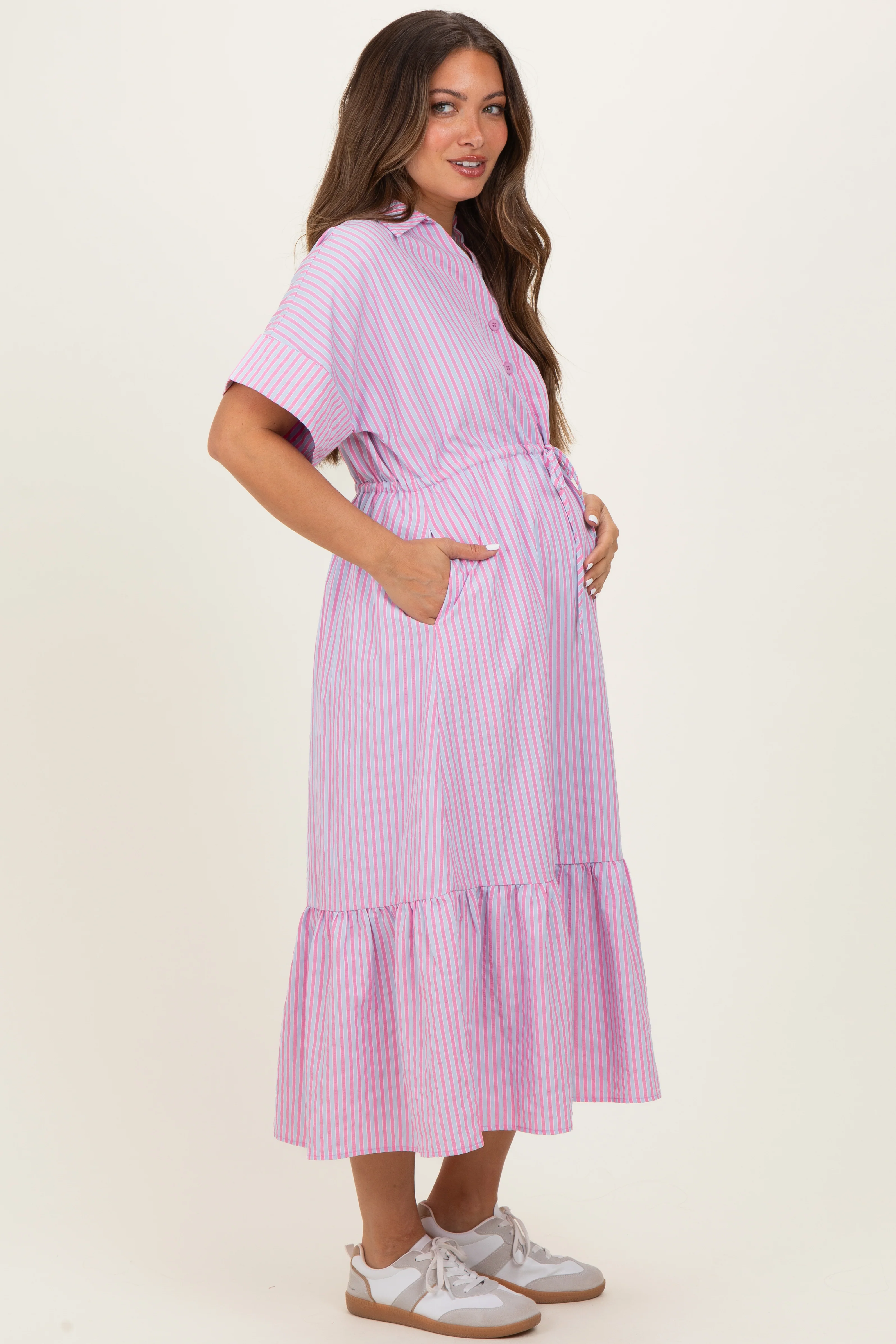 Pink Striped Button Collared Maternity Midi Dress - Image 3