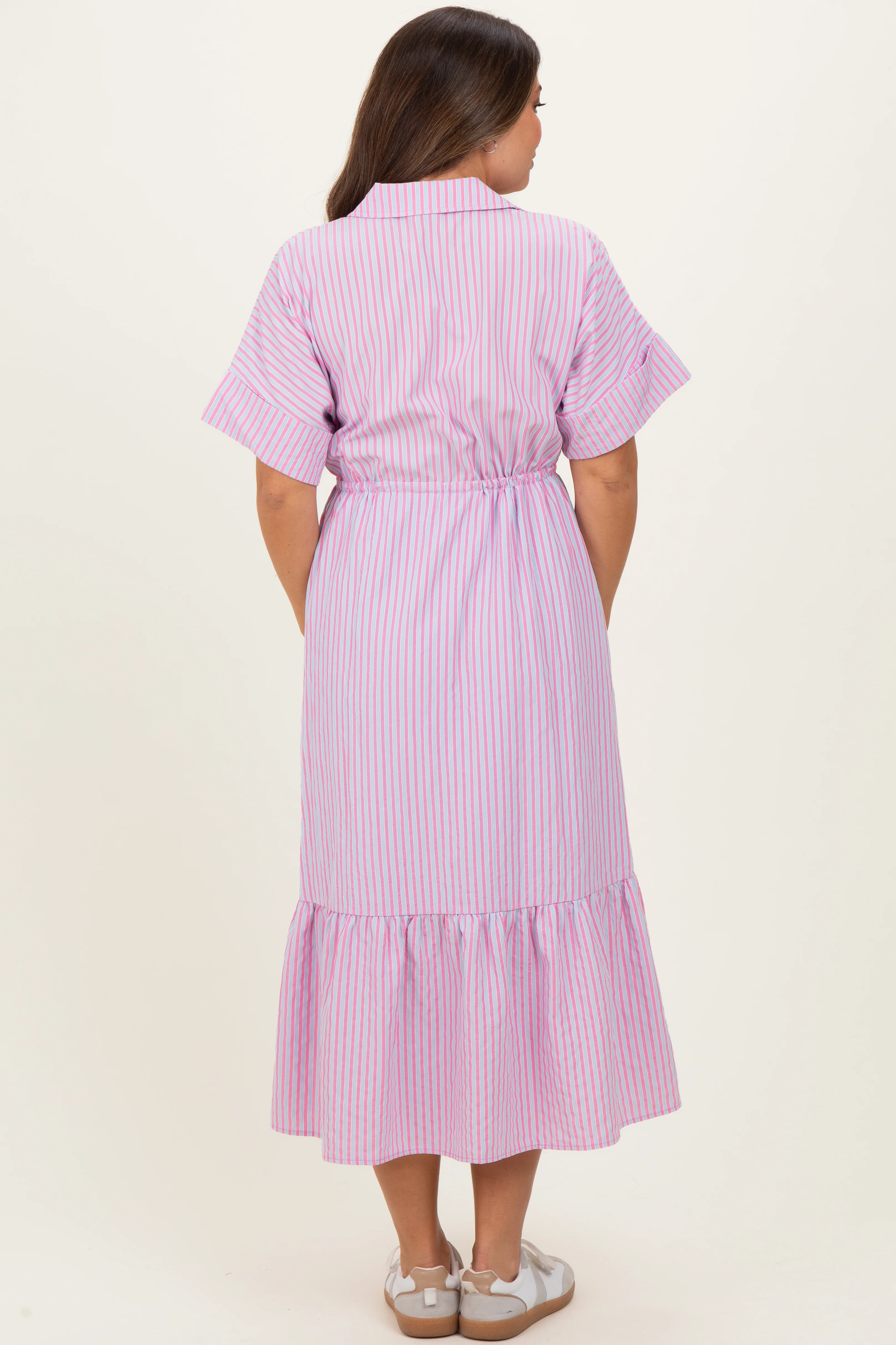Pink Striped Button Collared Maternity Midi Dress - Image 4