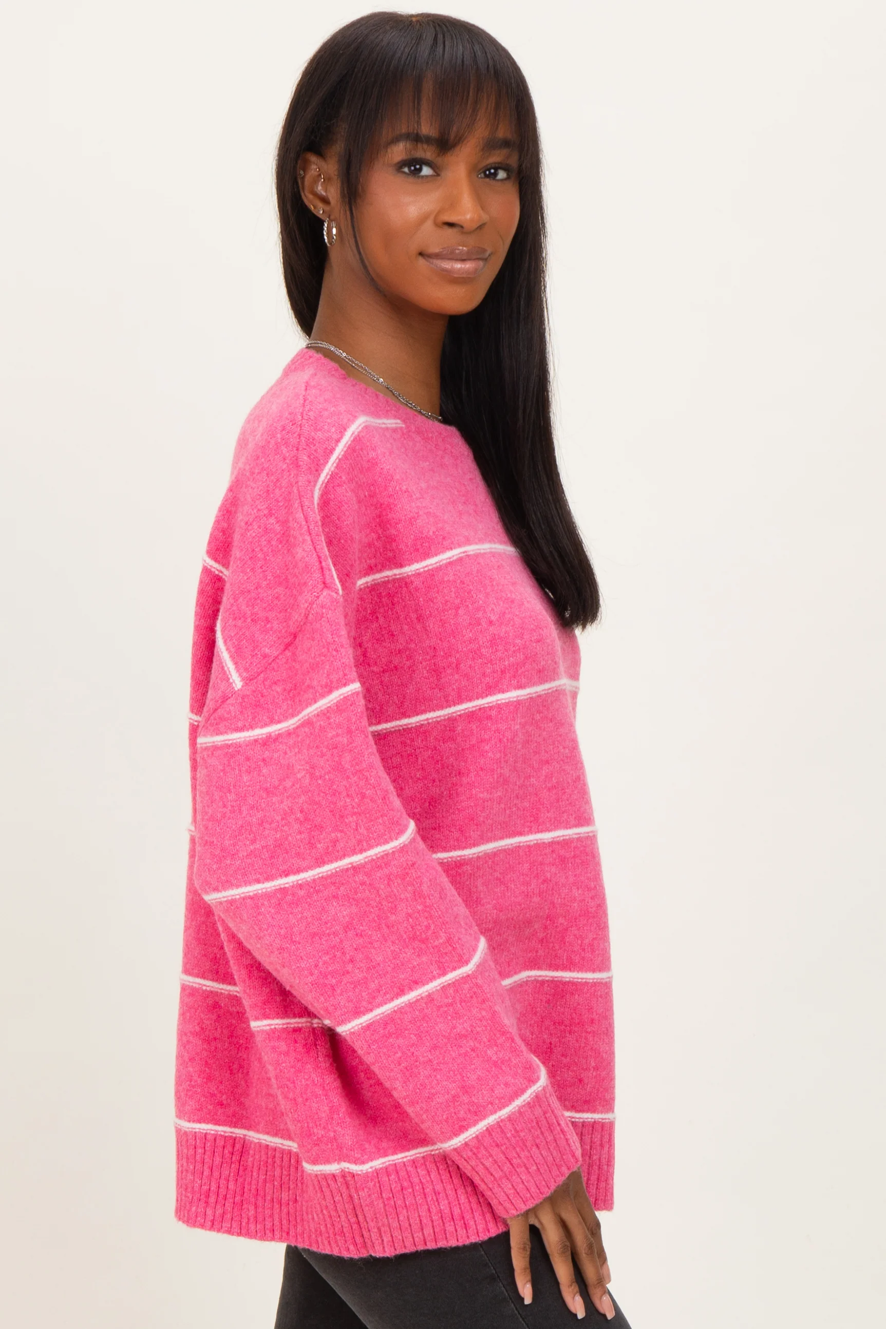 Pink Striped Drop Shoulder Sweater - Image 3