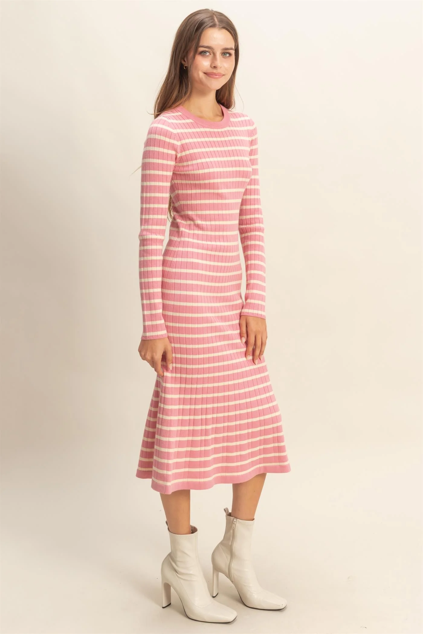 Pink Striped Knit Midi Flare Dress - Image 2