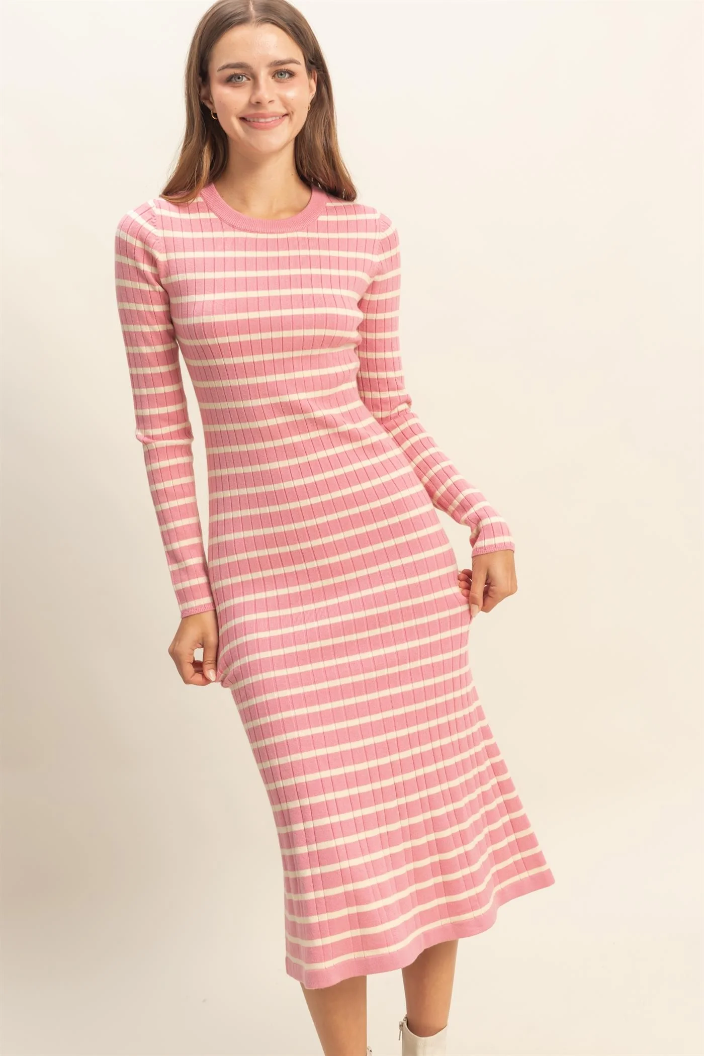 Pink Striped Knit Midi Flare Dress - Image 4
