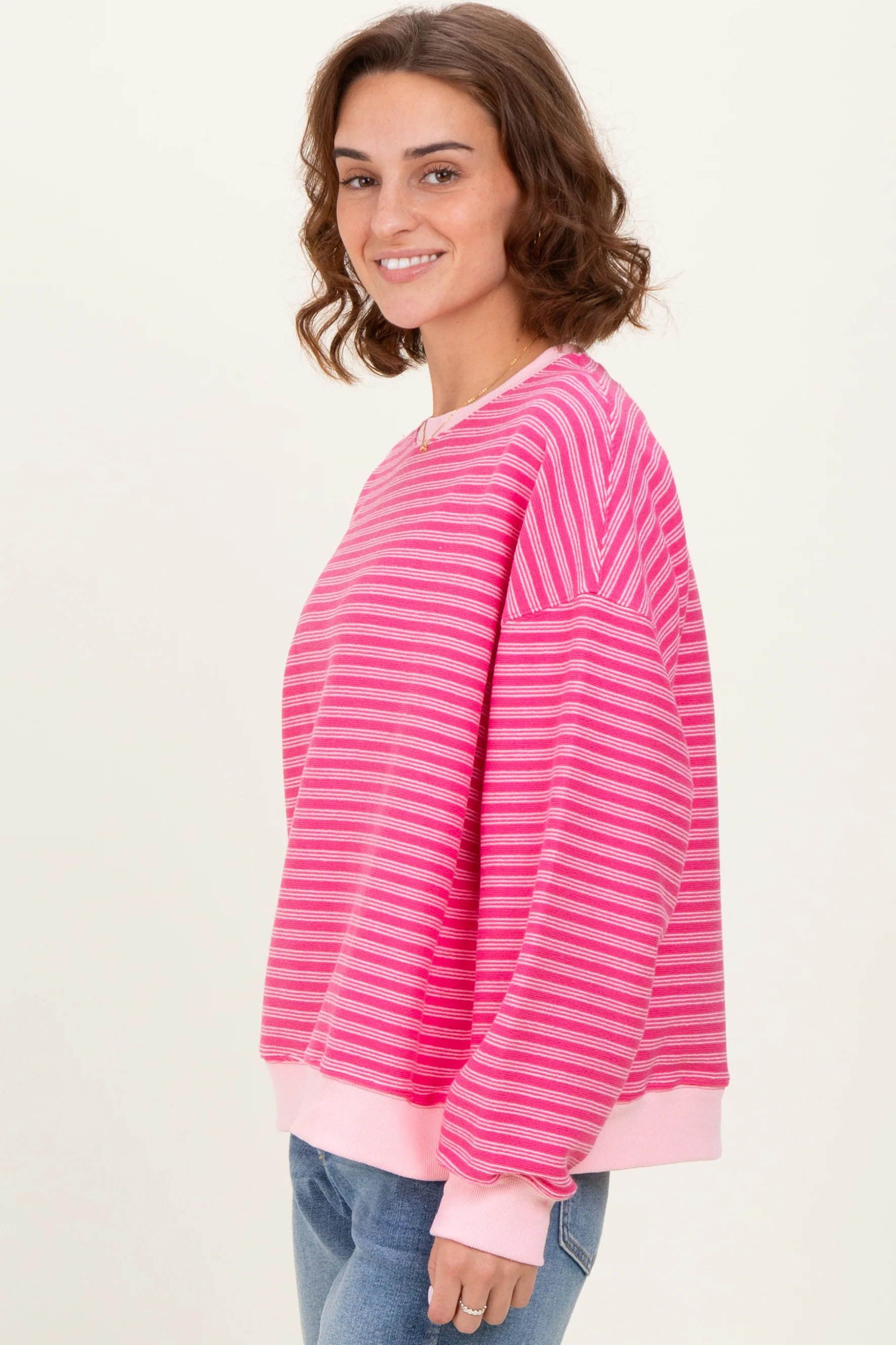 Pink Striped Knit Relaxed Fit Pullover - Image 2