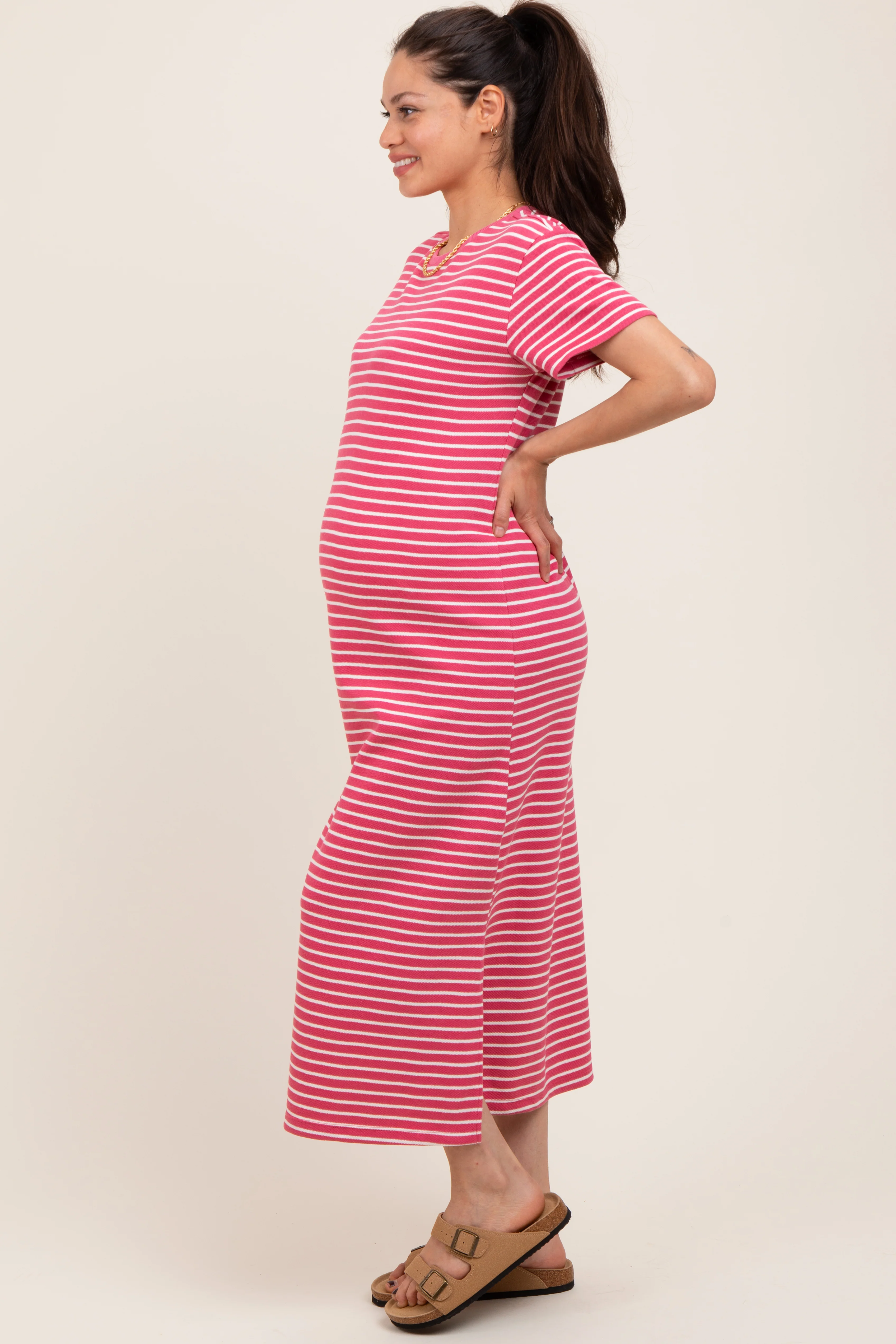 Pink Striped Short Sleeve Maternity T-Shirt Midi Dress - Image 3